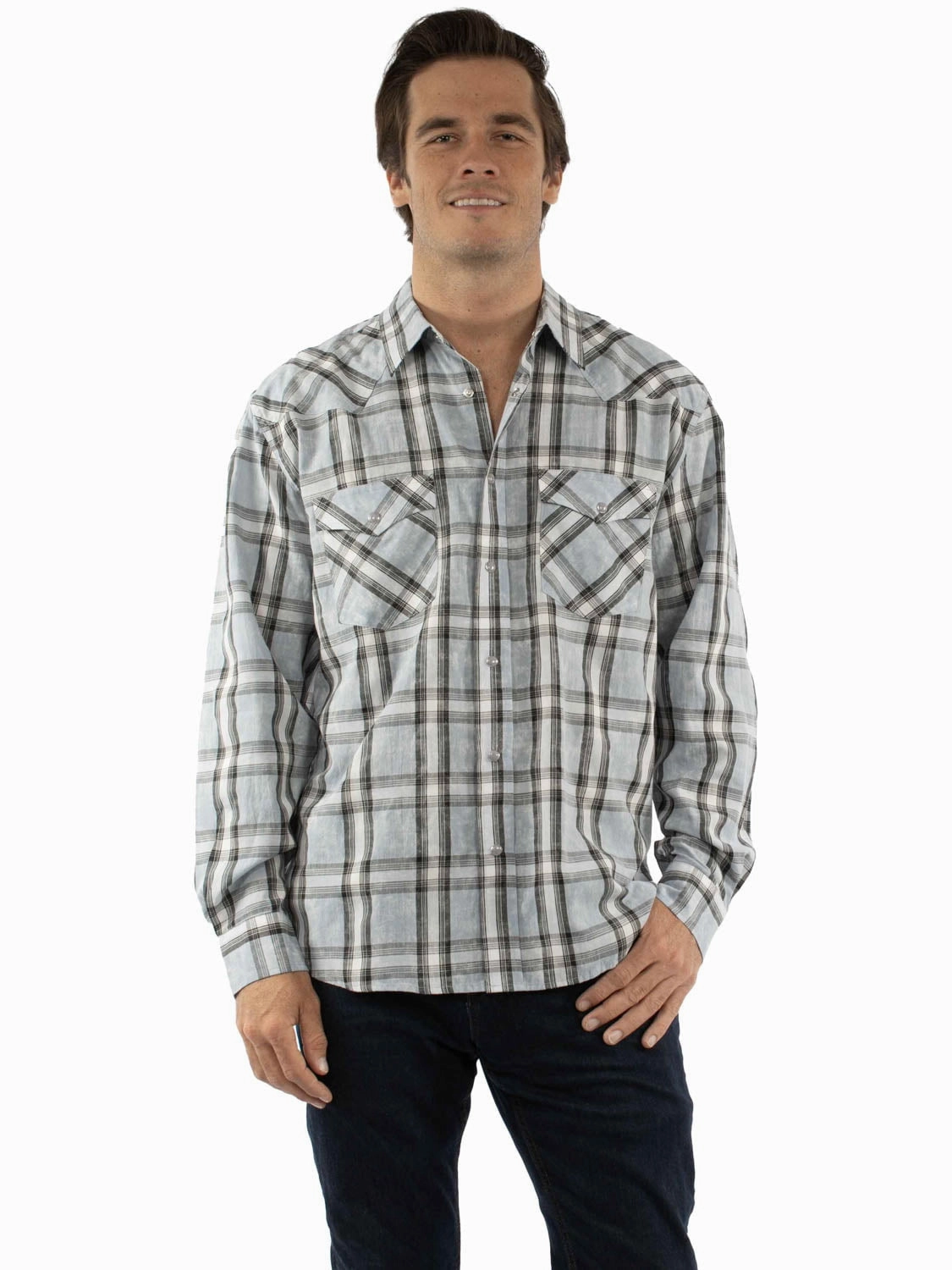 Moisture Management Tech wrinkle free Scully Mens Worn Washed Plaid Grey 100% Cotton L/S Shirt