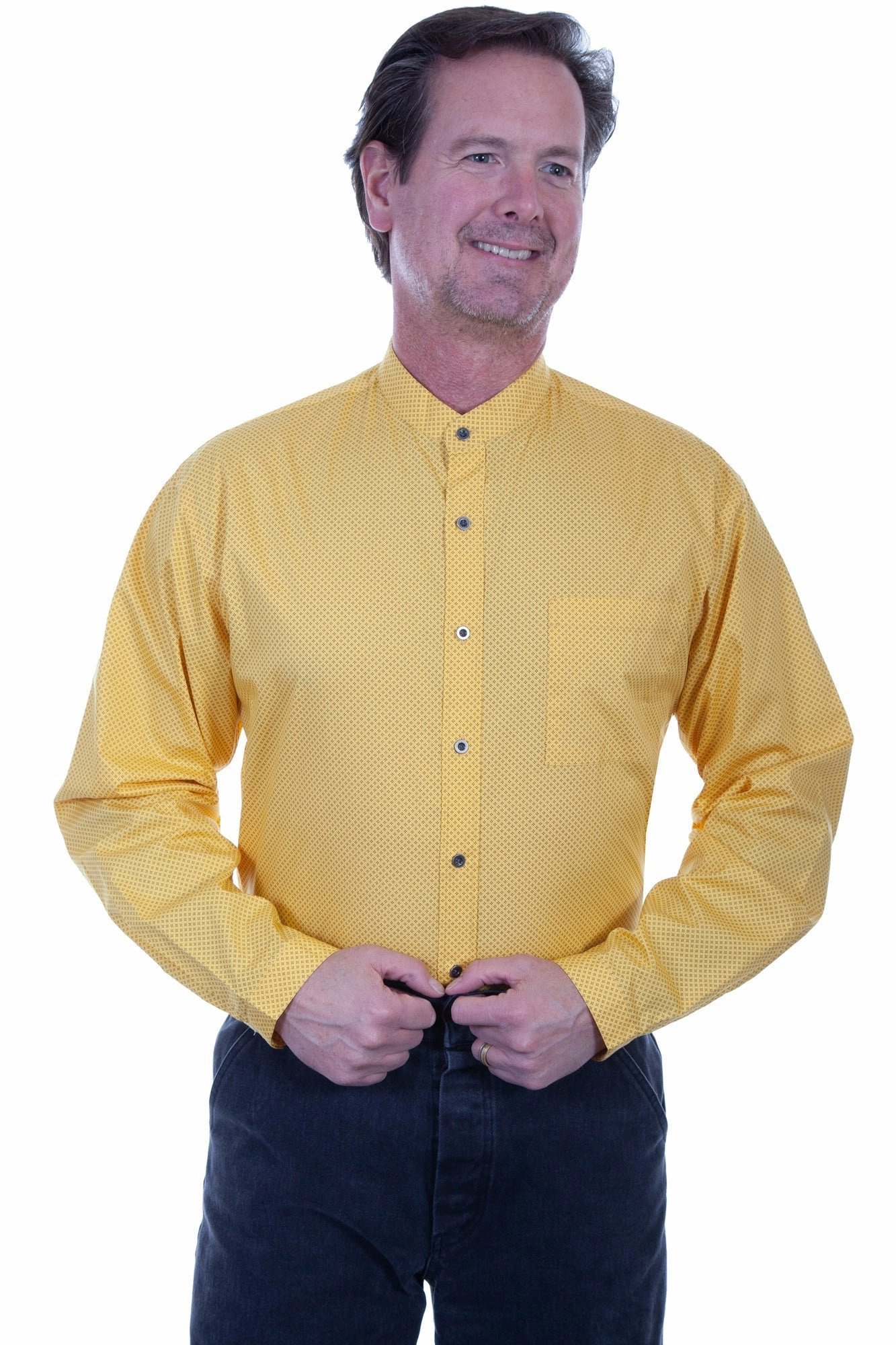 Advanced Moisture Management Day-To-Night Wear Scully Mens Yellow 100% Cotton Band Collar L/S Shirt