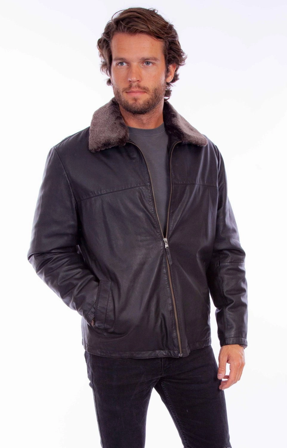 Hypoallergenic fabric Durable Double Stitching Scully Mens Zip Bomber Black Leather Leather Jacket