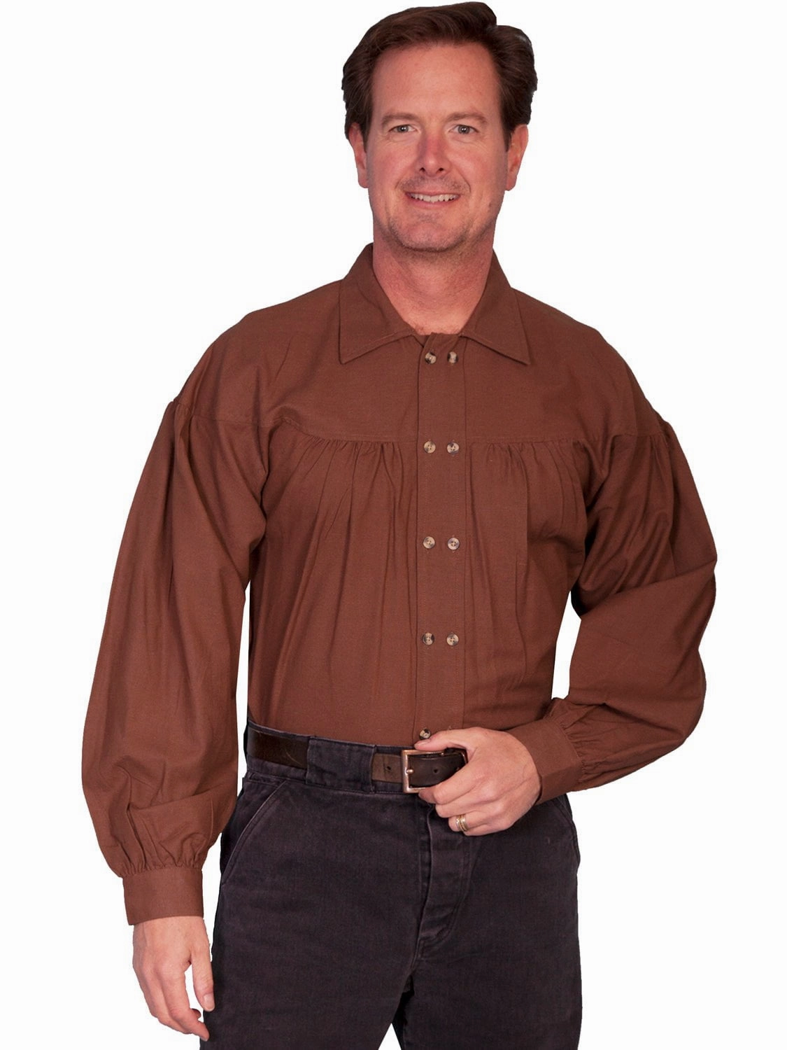 Scully Rangewear Mens Chocolate 100% Cotton L/S Pleated Old West Shirt Wardrobe Staple Reinforced Elasticity