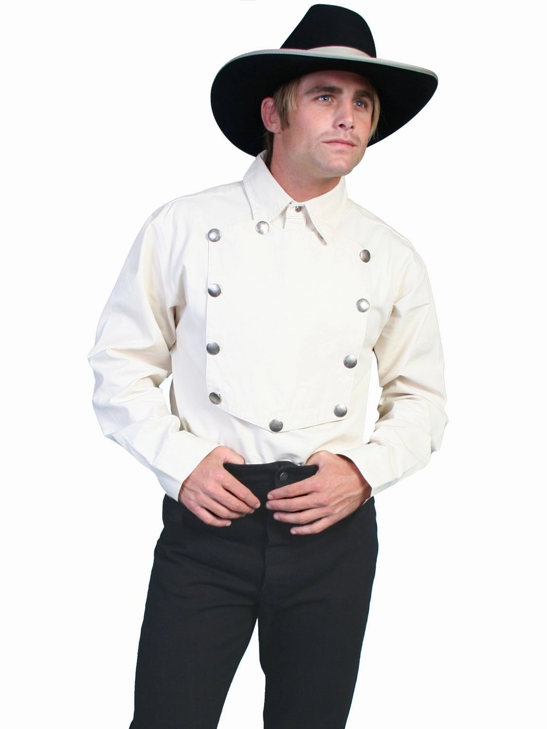 Soft Stretch Collar Scully RangeWear Mens Natural 100% Cotton Concho L/S Western Bib Shirt