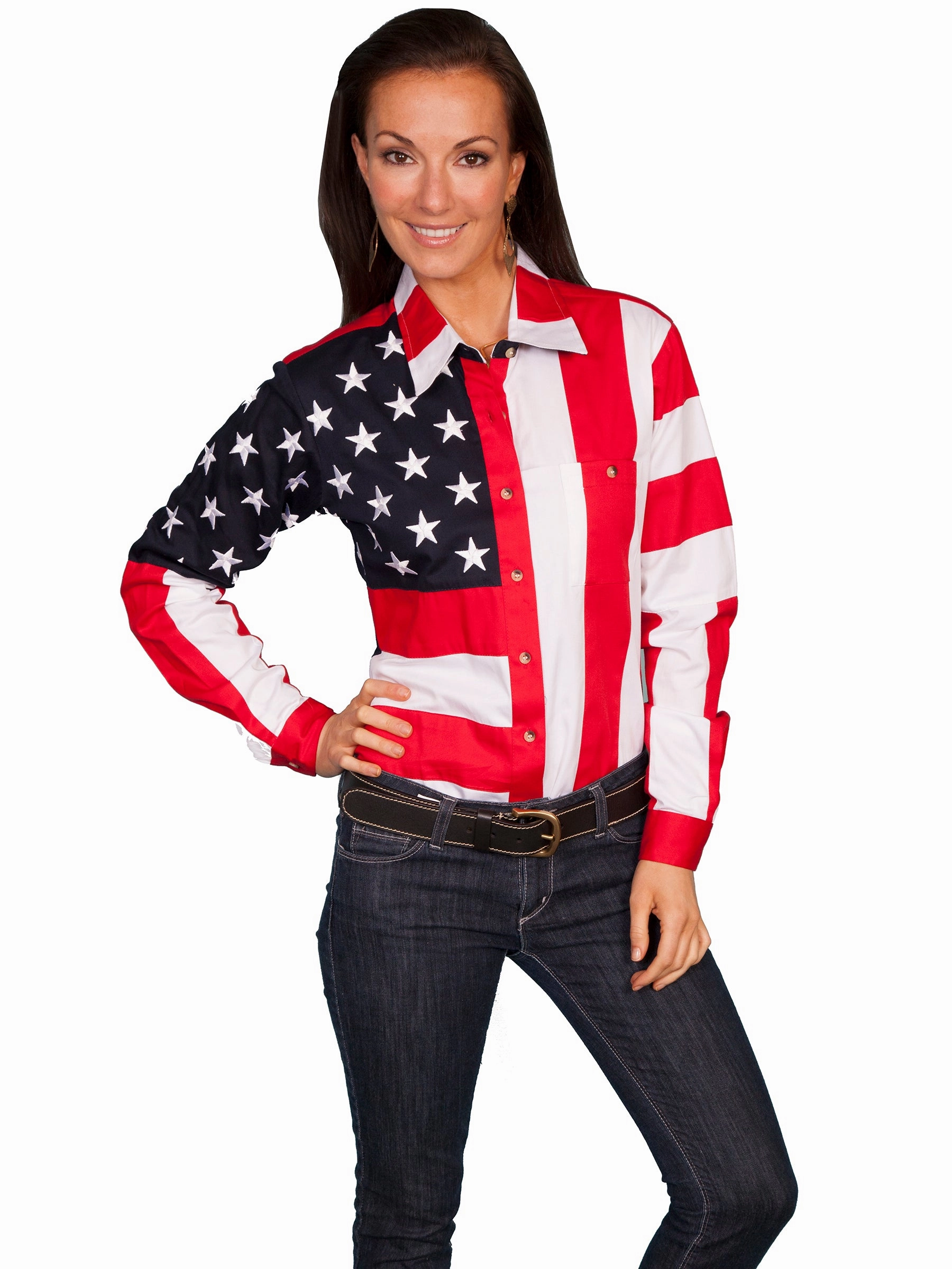 Athletic Look Scully RangeWear Womens Red 100% Cotton American Flag L/S Western Shirt