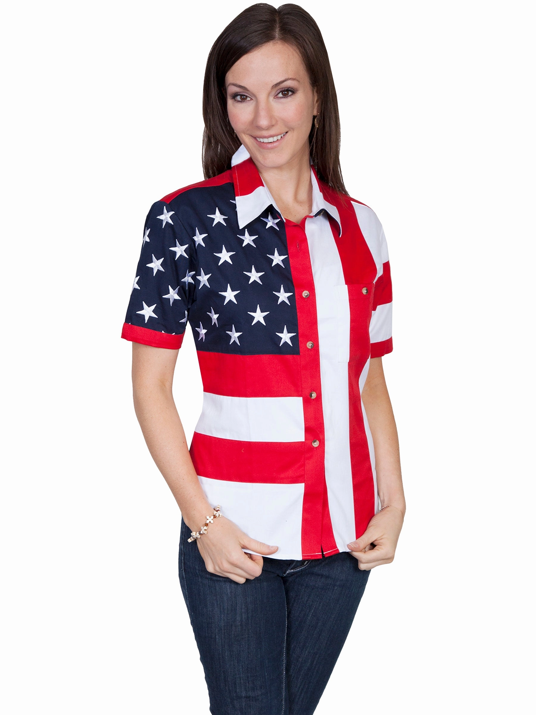 Floral Motif Easy Care Material Scully RangeWear Womens Red 100% Cotton American Flag S/S Western Shirt