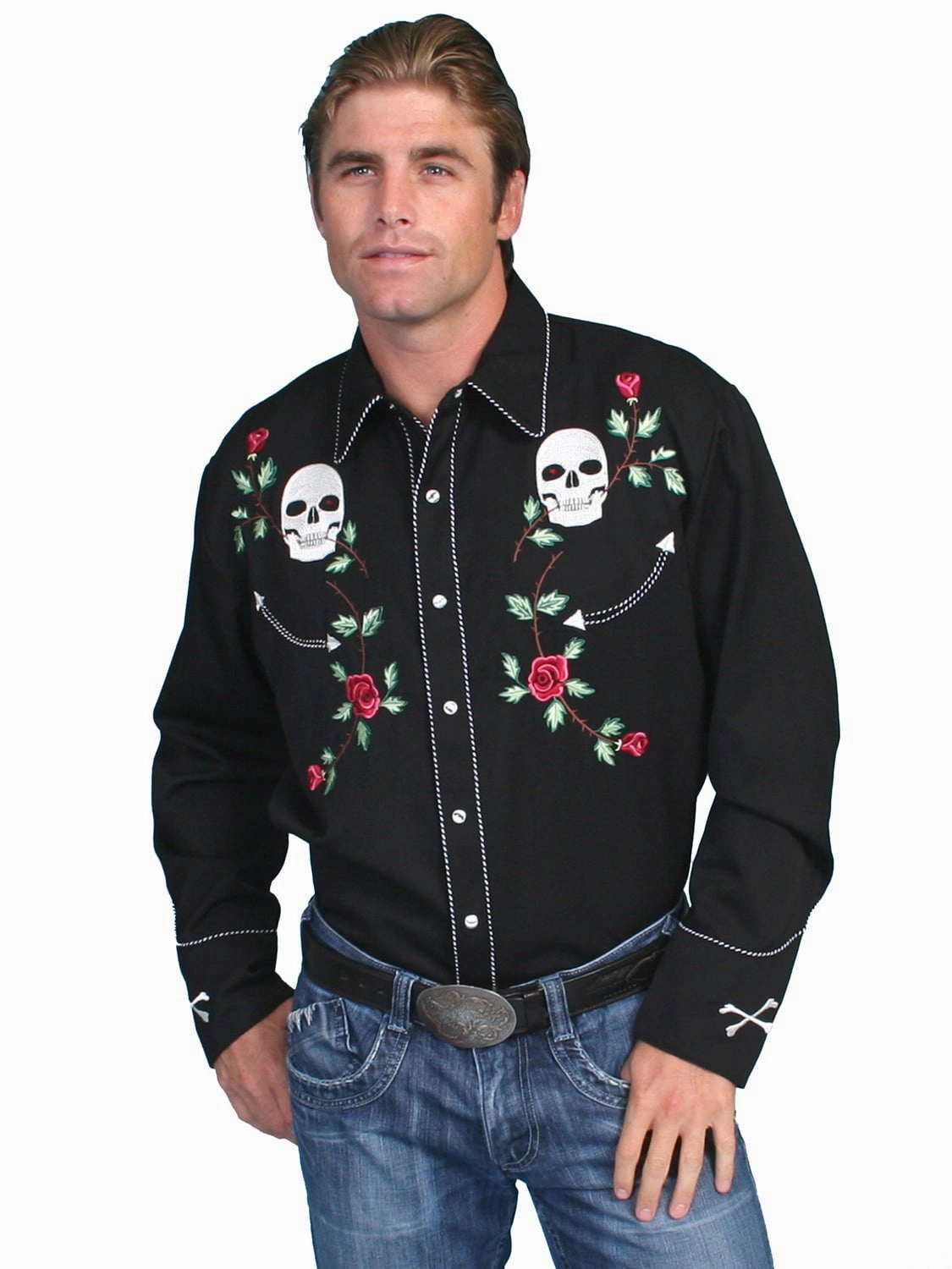 Scully Western Mens Black Polyester L/S Skull Roses Western Shirt High-End Fashion