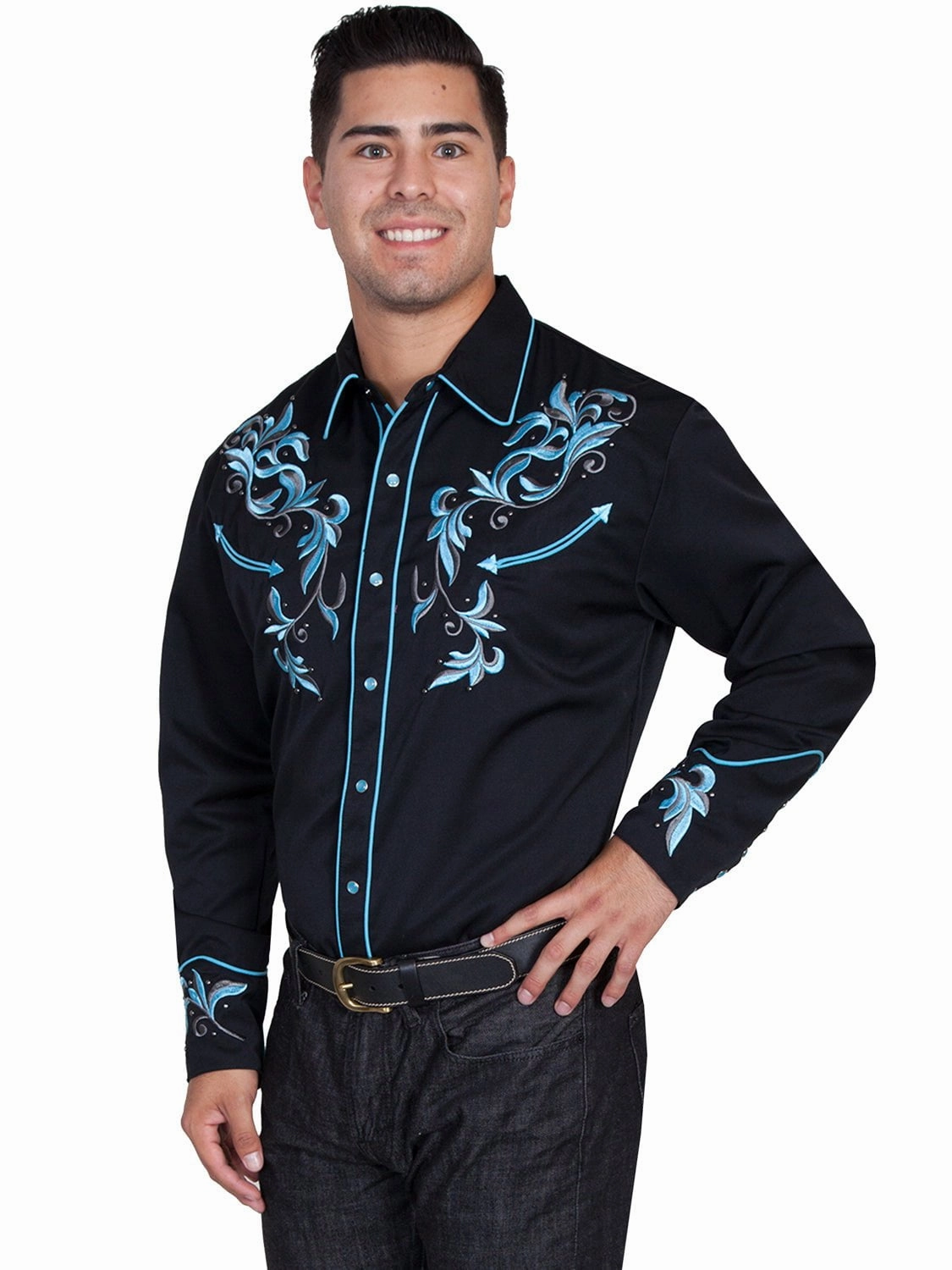 Scully Western Mens Black Polyester L/S Two Tone Leaf Western Shirt Flexible Placket Structure