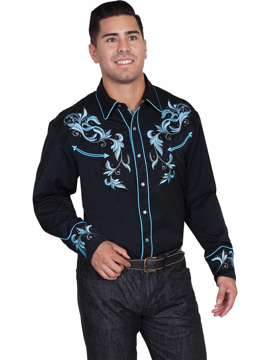Soft Touch Tuckable Hem Scully Western Mens Black Polyester L/S Two Tone Leaf Western Shirt