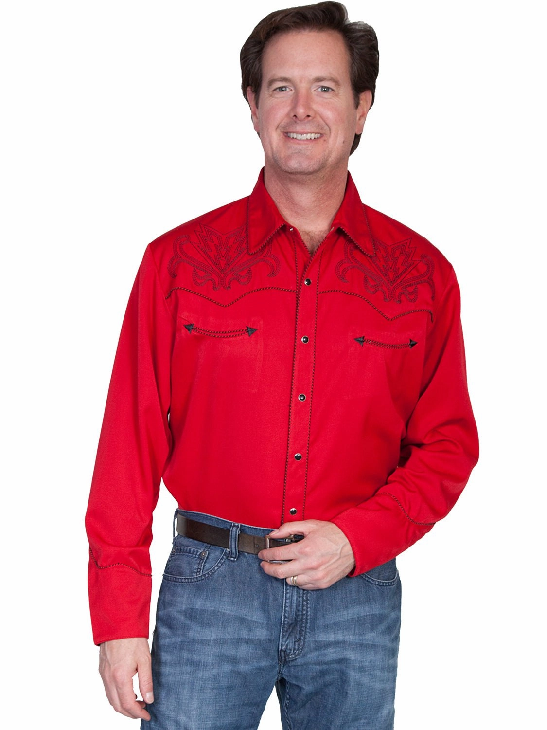 Scully Western Mens Red Polyester L/S Arrow Stitch Western Shirt Thermoregulating Fabric