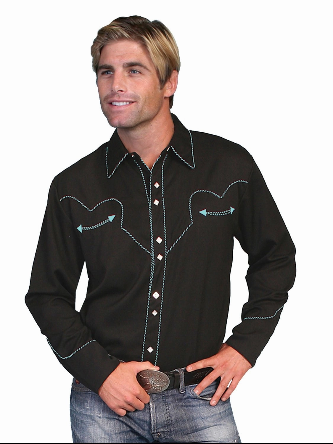 Scully Western Mens Turquoise Polyester L/S Candy Cane Piping Western Shirt All-day Comfort