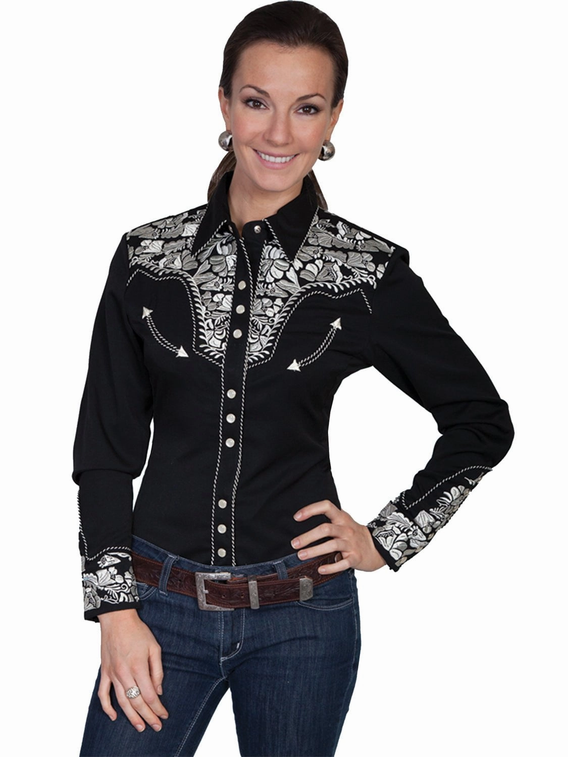 Odor Control Technology Scully Western Womens Silver Polyester L/S Floral Stitch Western Shirt