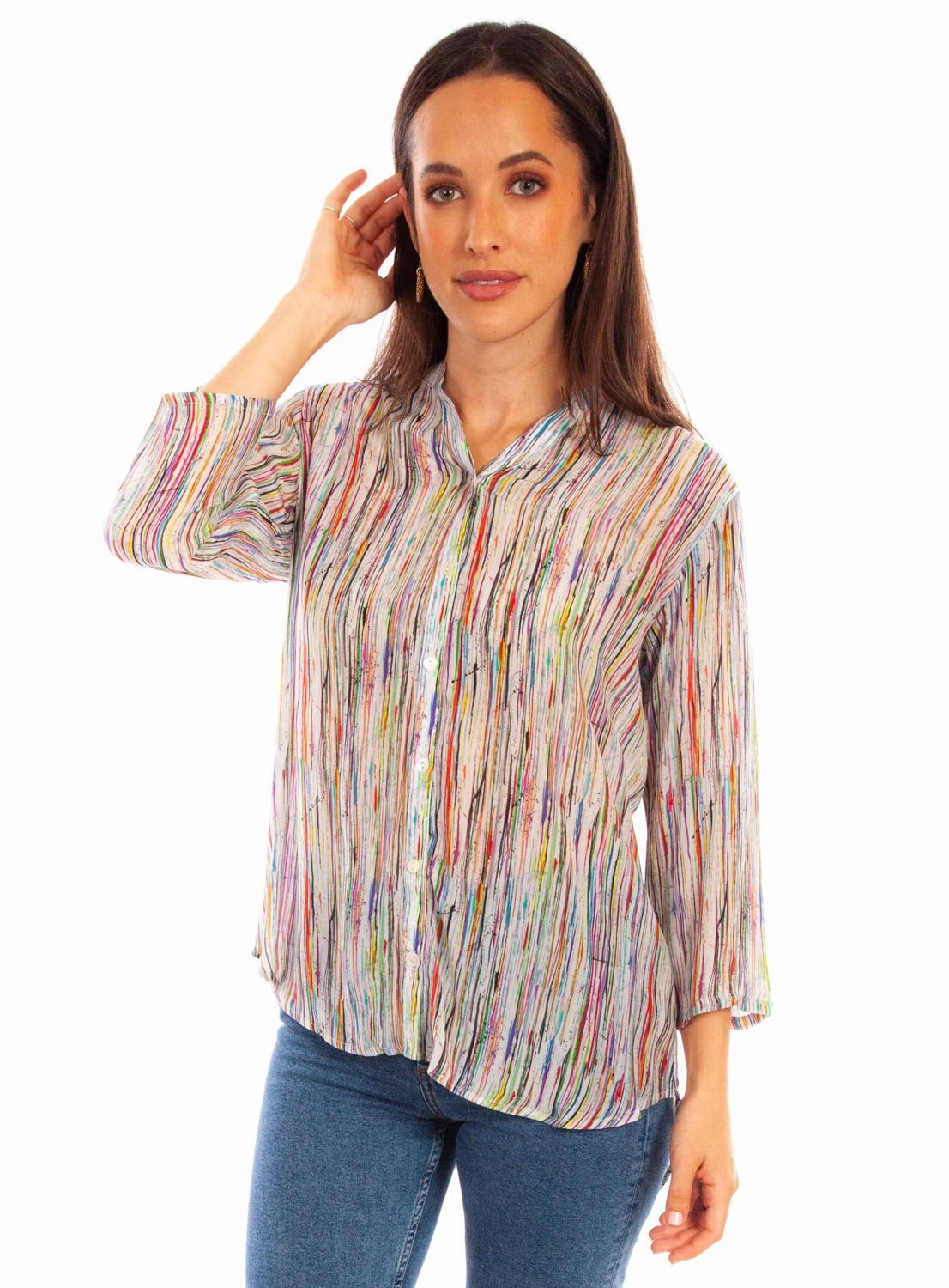 Vibrant color Mix-And-Match Scully Womens Abstract Striped Multi-Color Viscose 3/4 Sleeve S/S Blouse