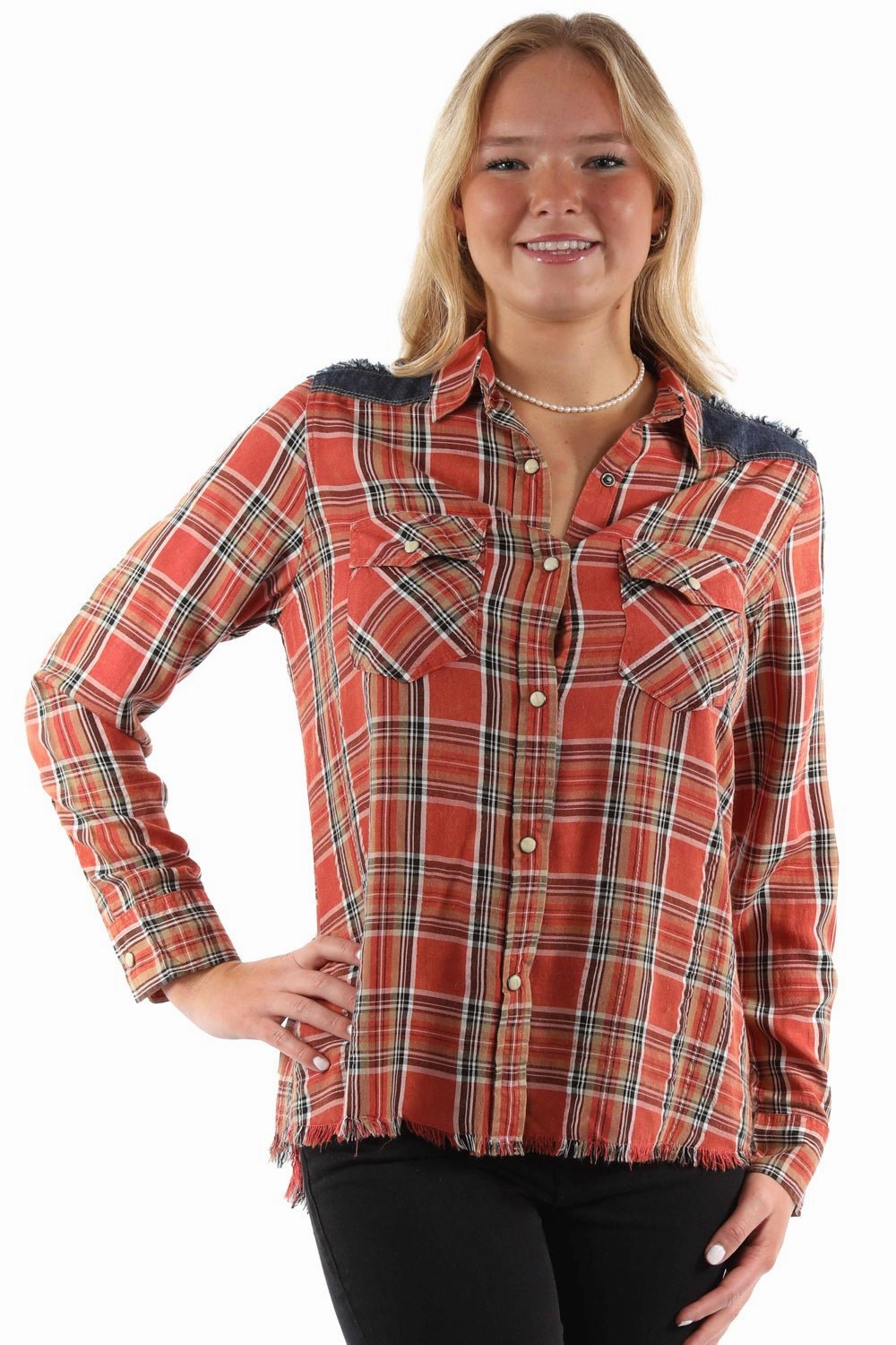 Scully Womens Airy Plaid Yokes Red Rayon Blend L/S Shirt Button Down Design