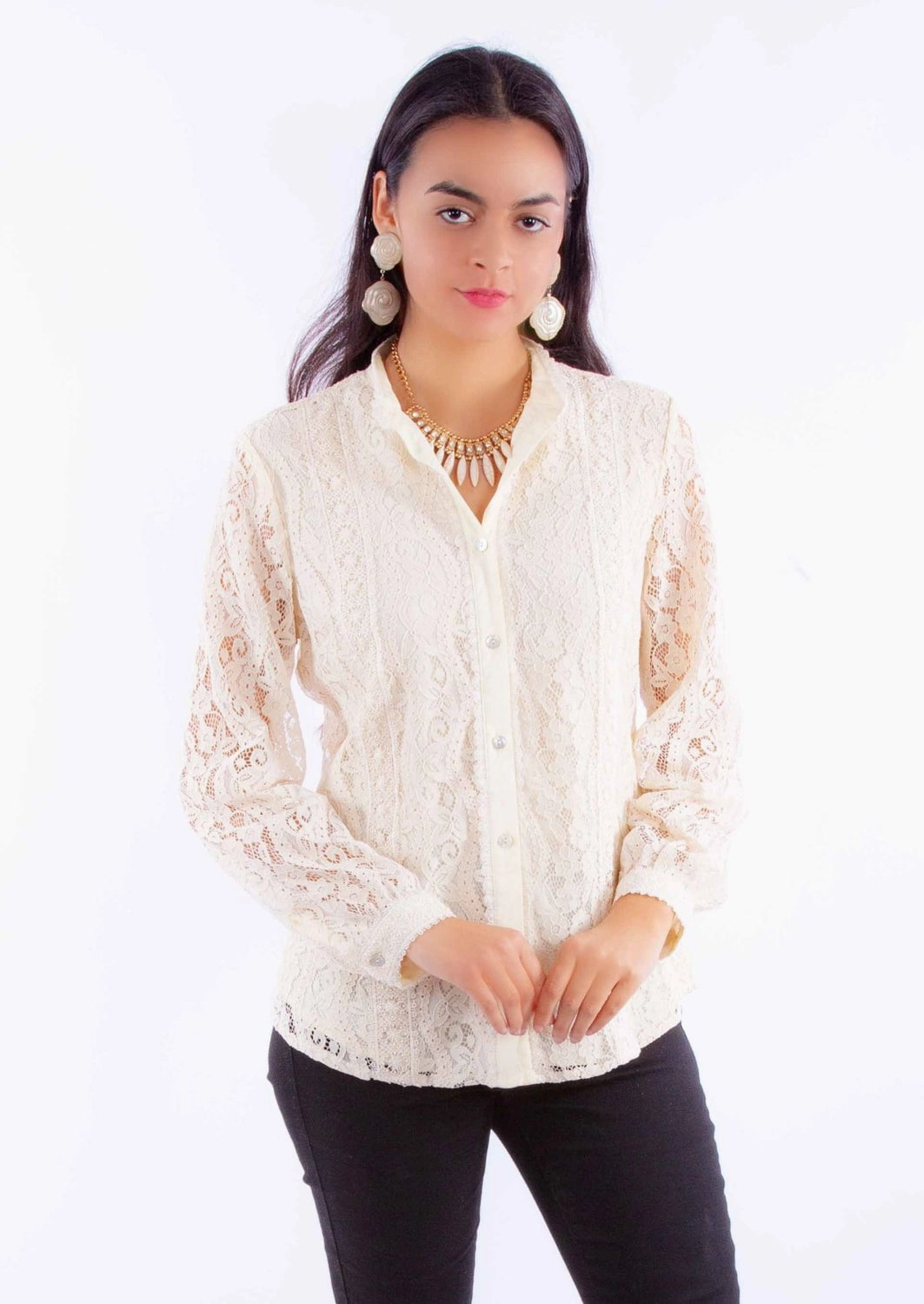 Scully Womens Allover Lace Ivory Cotton Blend L/S Blouse Casual Sophistication Checkered Style