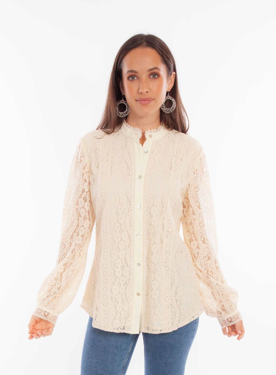Scully Womens Allover Lace Ivory Cotton Blend L/S Blouse Timeless Classic