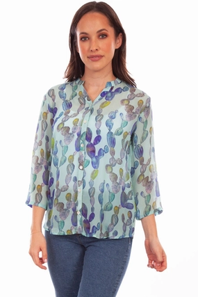 Scully Womens Aqua Rayon Cactus S/S Blouse Glossy Texture
