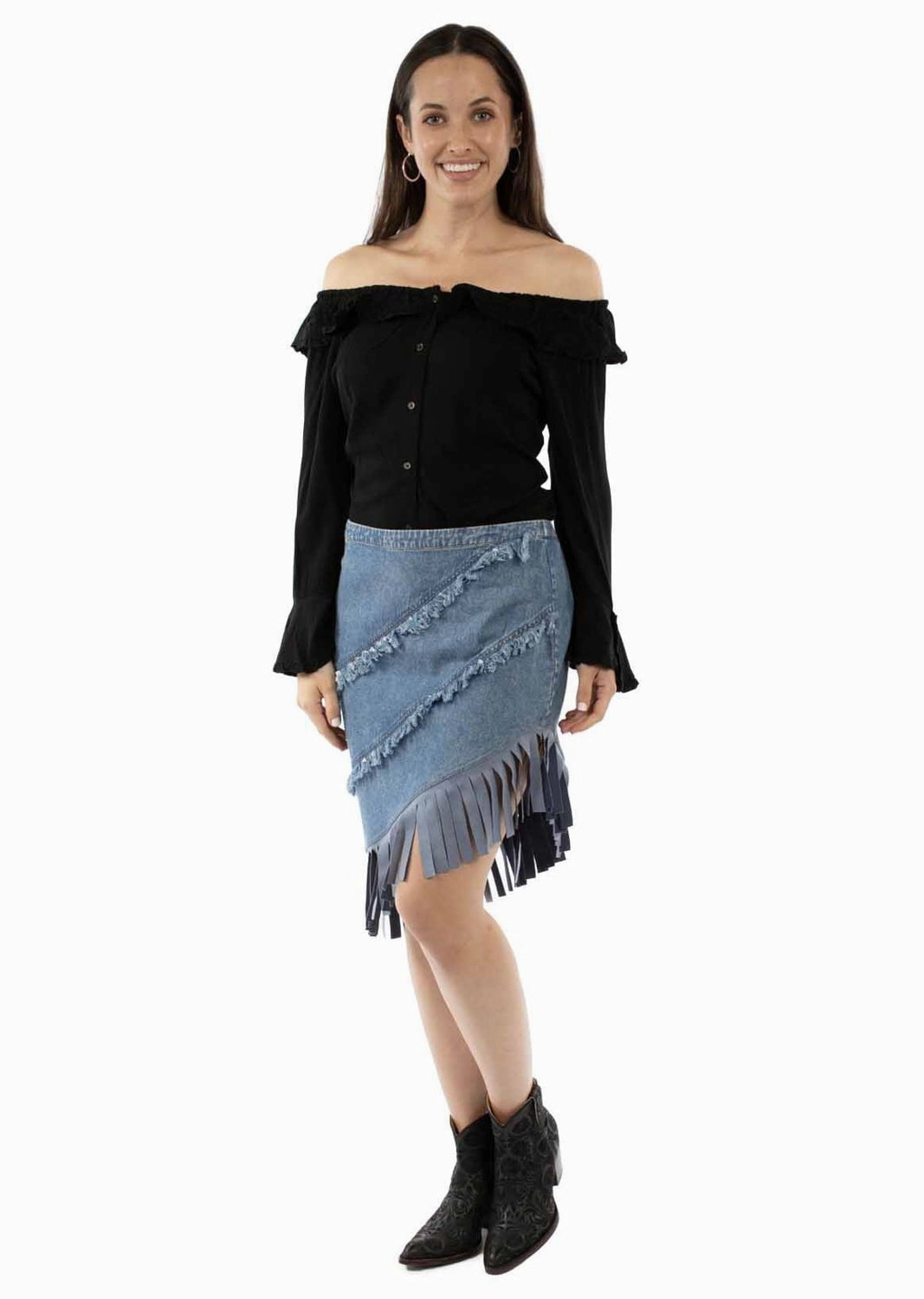 Scully Womens Asymmetrical Fringe Bottom Blue 100% Cotton Skirt Performance Fashion Sophisticated Mood