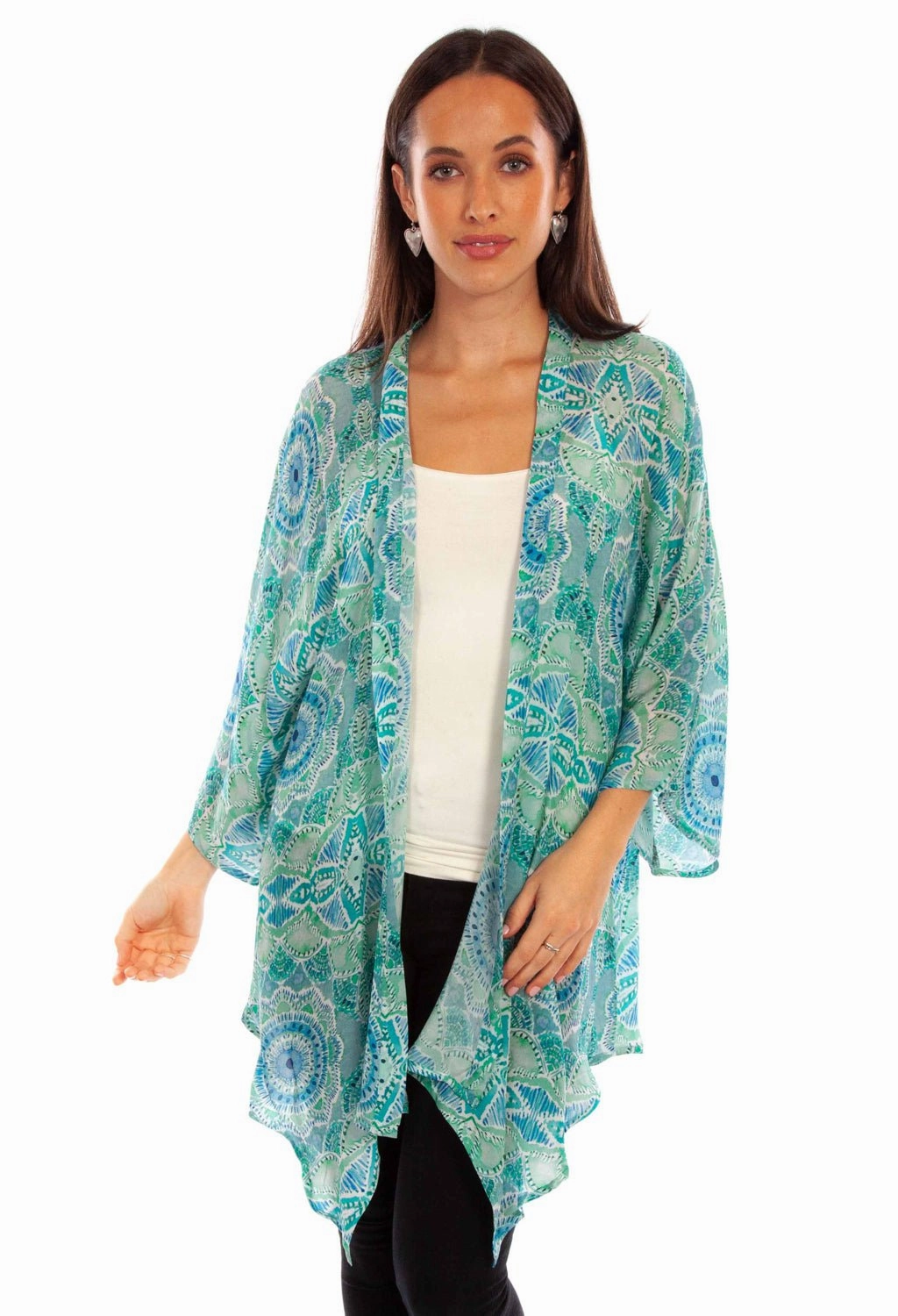 Scully Womens Beautiful Print Aqua Viscose Kimono L Winter Must-Have Wear Tactile Grid Knit
