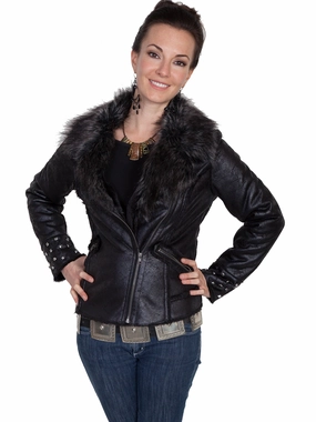Unisex Casual Fit Scully Womens Black Faux Fur Motorcycle Jacket
