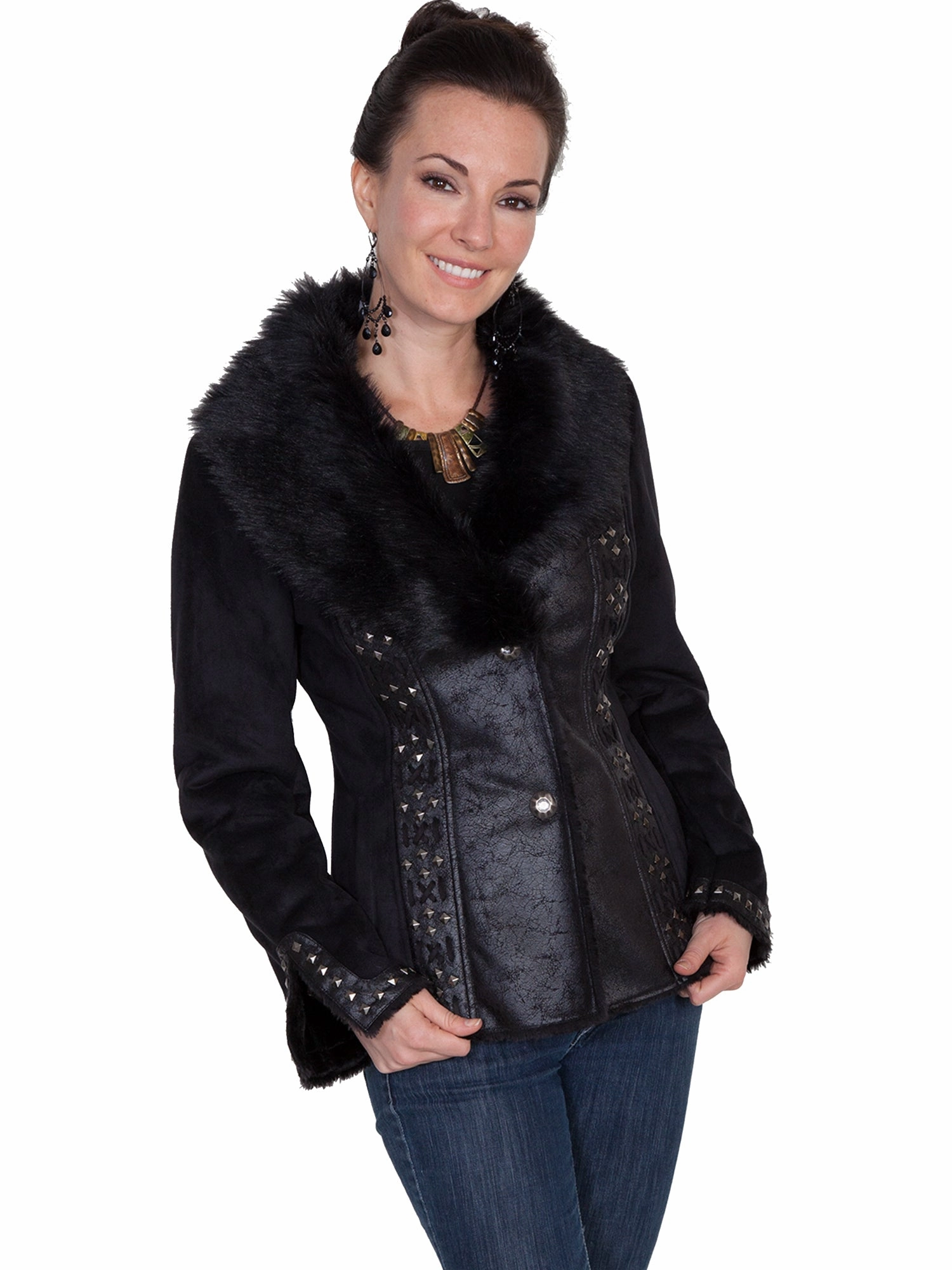 Scully Womens Black Faux Fur Stud Jacket WaterResistant Coating Water Resistant Design