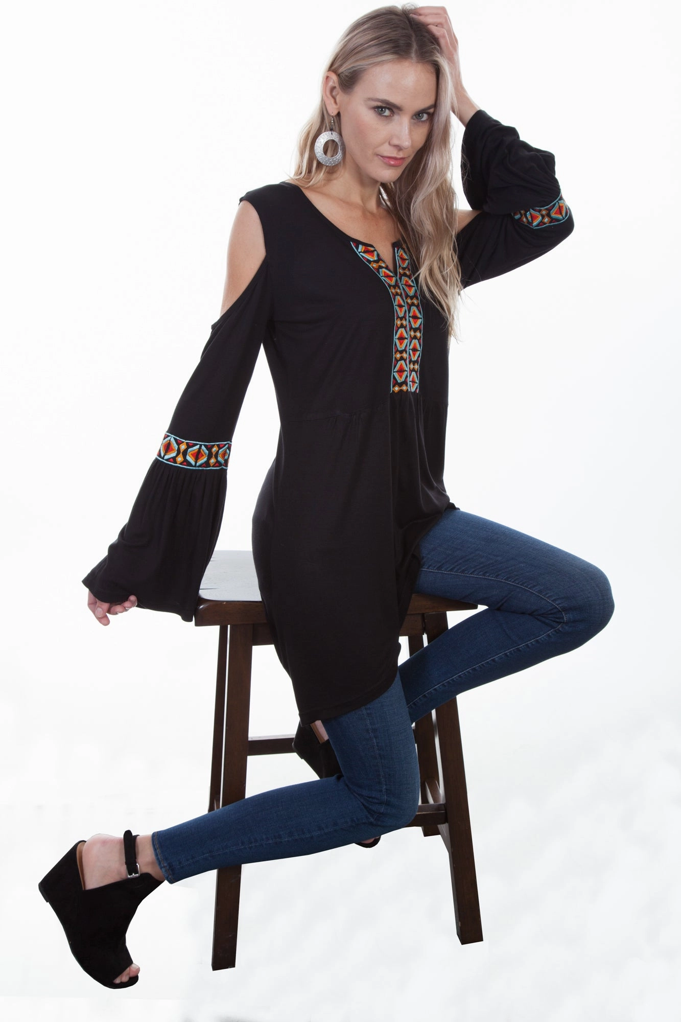 Scully Womens Black Viscose Aztec L/S Tunic Versatile Design Yoke Design