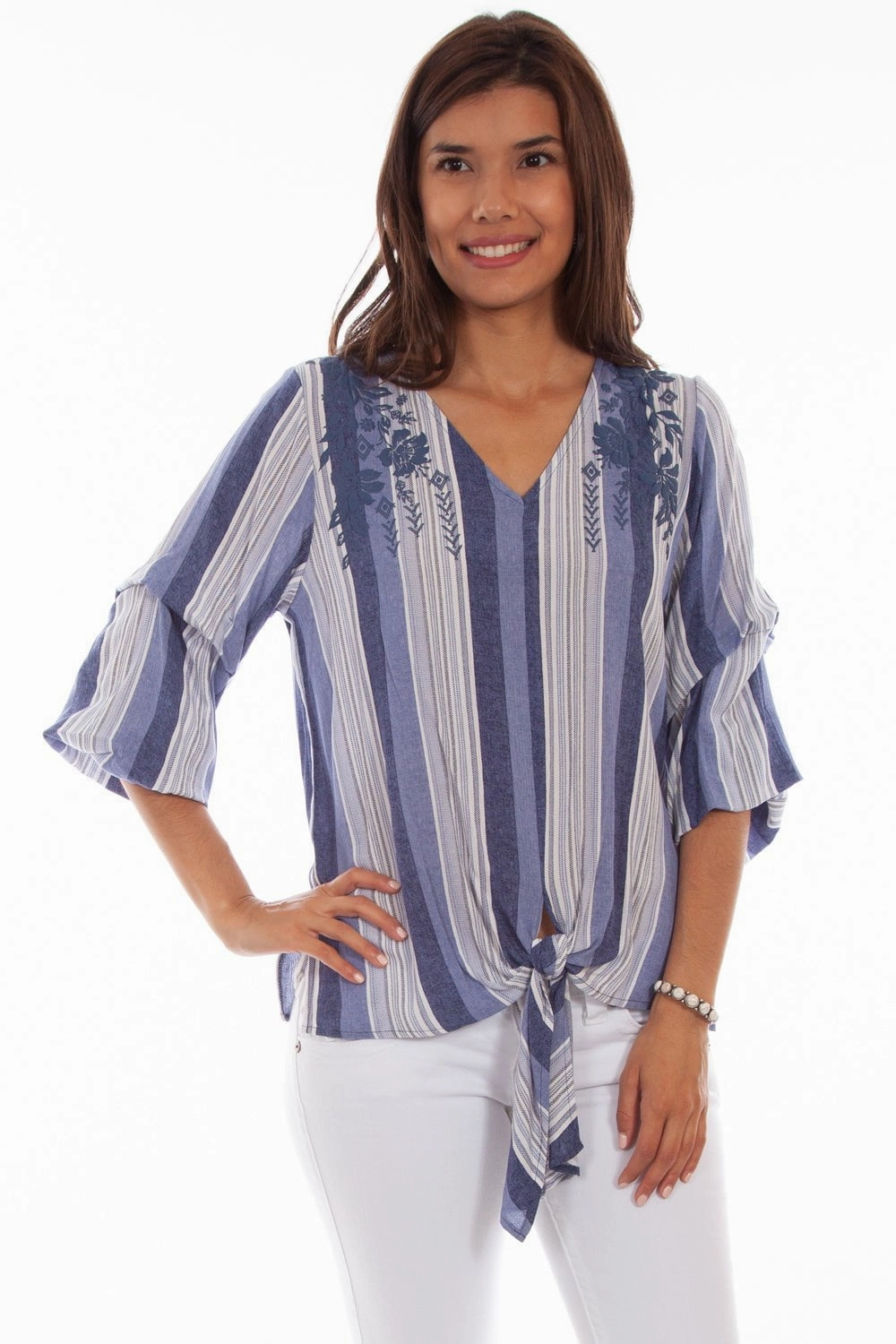 Scully Womens Blue Rayon Puff Print S/S Blouse Black Tie Optional Picnic Outfit