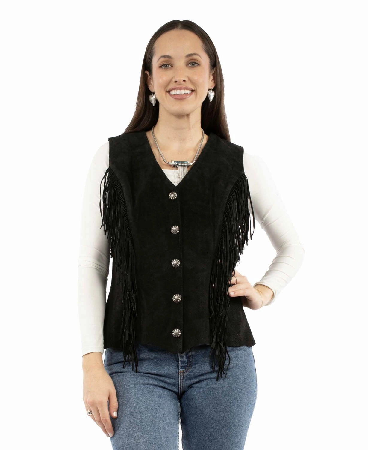 Removable Hood Reinforced Stress Points Scully Womens Bohemian Inspired Fringe Black Leather Leather Vest L
