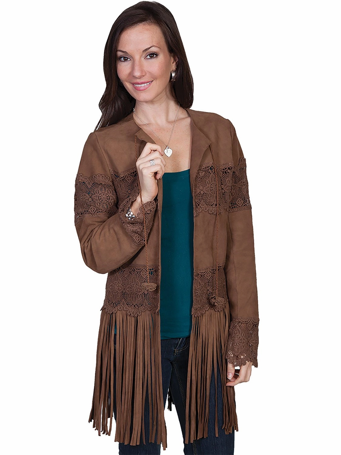 Scully Womens Brown Leather Laced Crochet Coat Reinforced Elbow Patches
