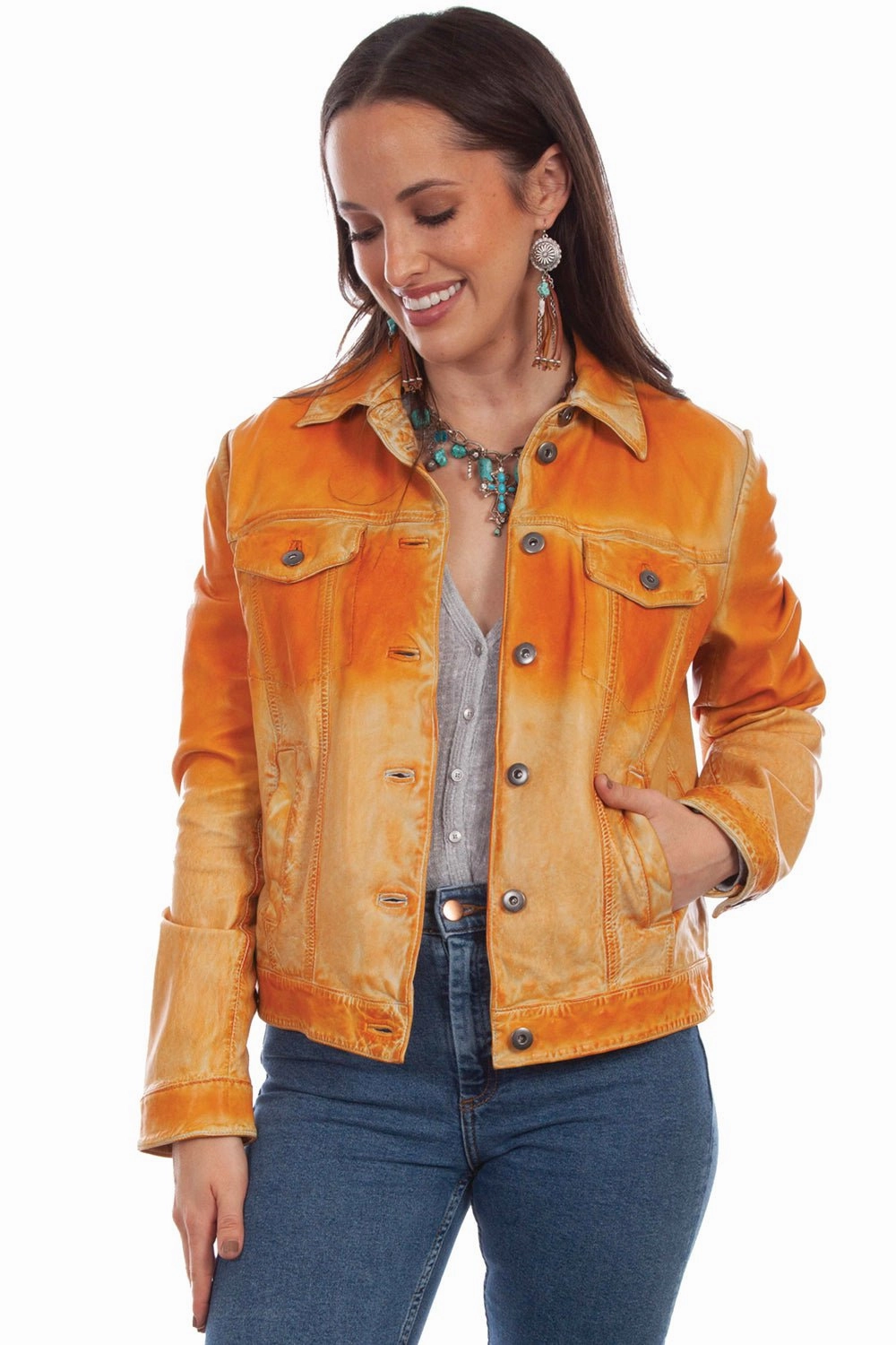 Scully Womens Butterscotch Leather Ombre Jacket Reinforced Stitching Cozy Texture