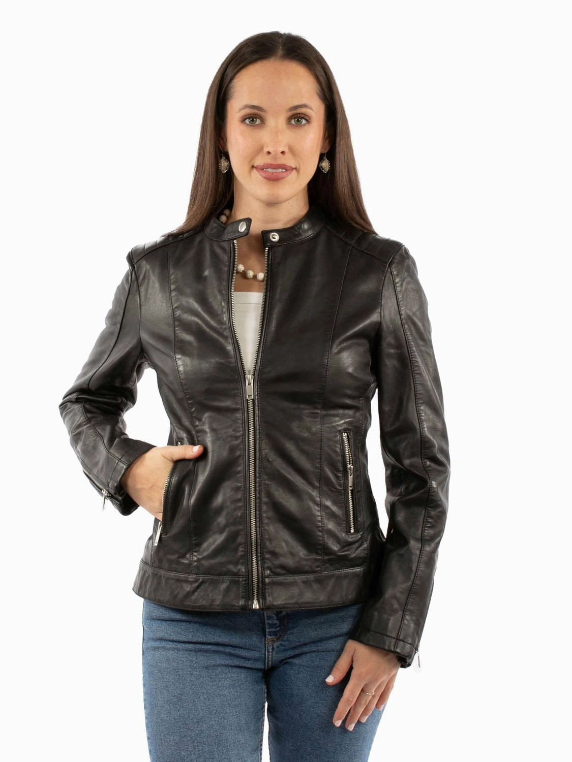 Flexible Fleece Lining Breathable Lining Design Scully Womens Cafe Racer Black Leather Leather Jacket