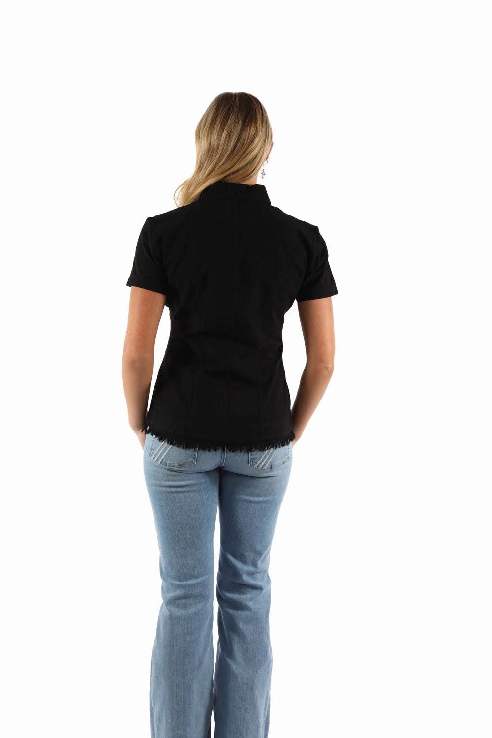Ruffle Edge Reinforced Buttonholes Scully Womens Cantina Soutach Black 100% Cotton S/S Blouse