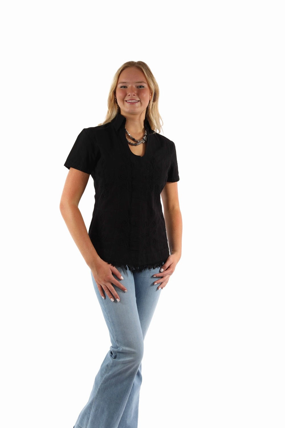 Ultra Soft Interior Scully Womens Cantina Soutach Black 100% Cotton S/S Blouse