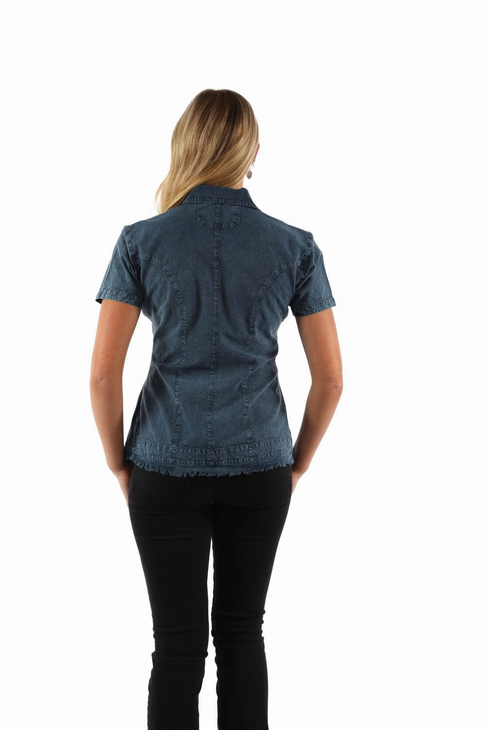 Scully Womens Cantina Soutach Dark Blue 100% Cotton S/S Blouse High Density Weave