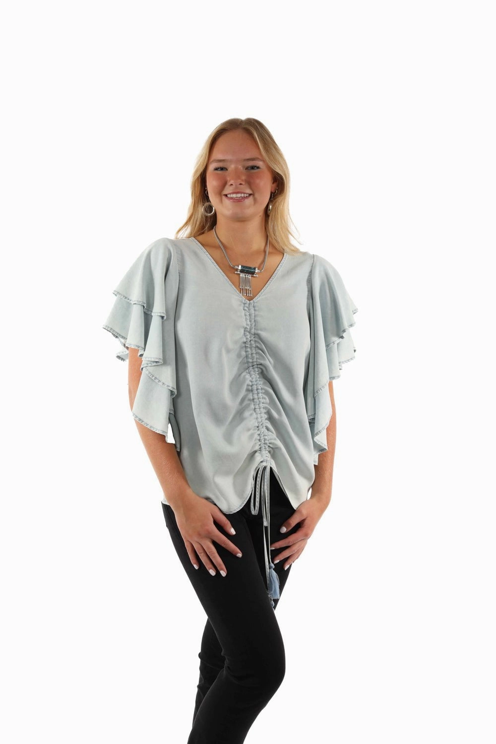 Scully Womens Cinche Front Light Blue Lyocell S/S Tunic Practical Choice Performance Fabric