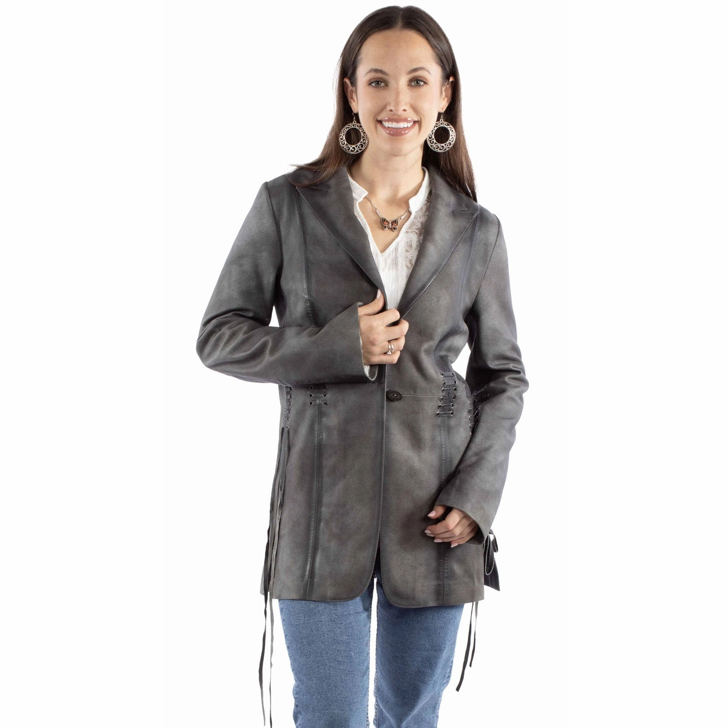 Waterproof Fabric Scully Womens Classic Long Length Vintage Grey Leather Leather Jacket