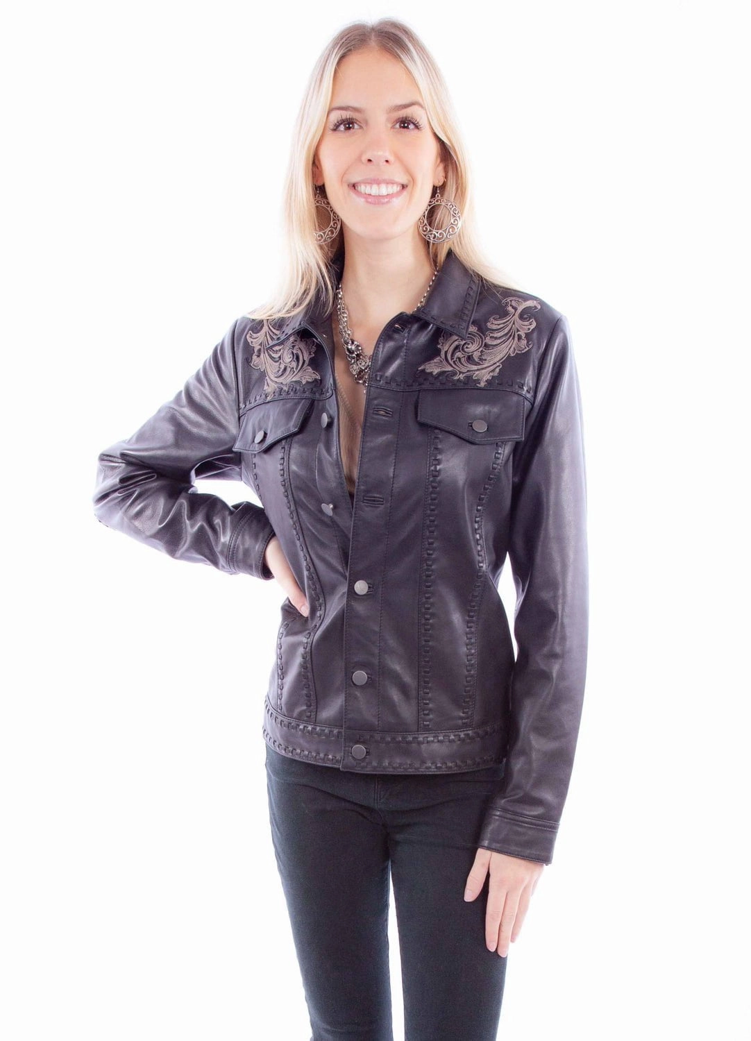 Fashion Forward Scully Womens Classic Scroll Embroidery Black Leather Leather Jacket