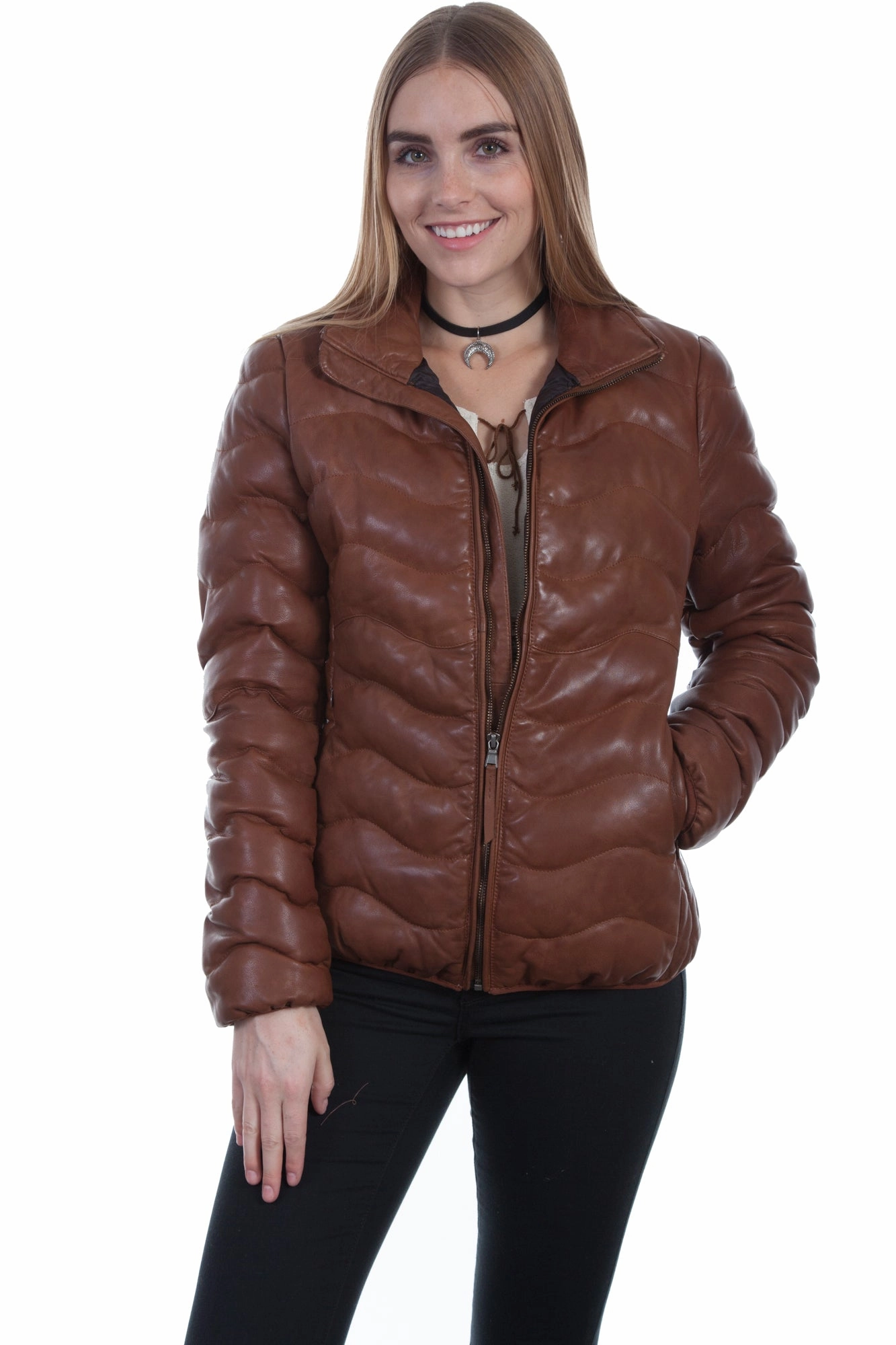 Adjustable Cuffs Scully Womens Cognac Lambskin Soft Ribbed Jacket