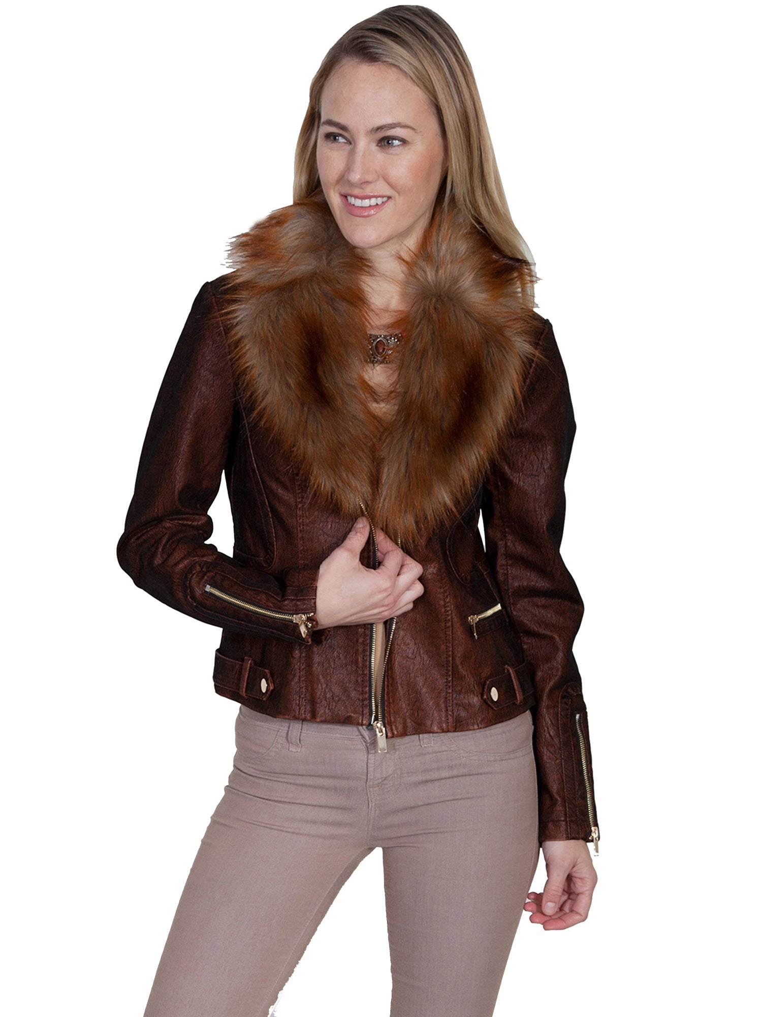HypoallergenicMaterial Scully Womens Copper Faux Fur Moto Jacket