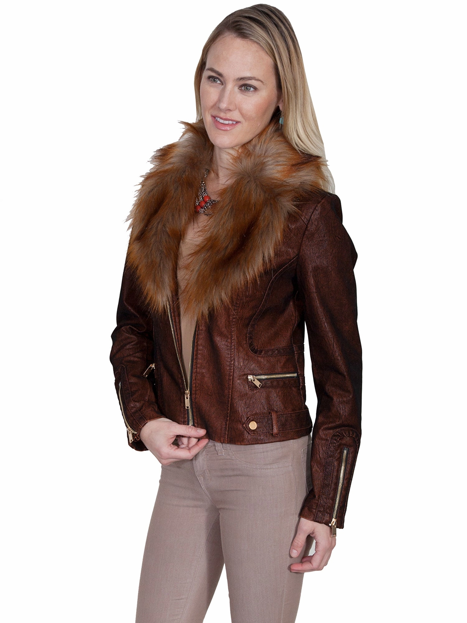 Scully Womens Copper Faux Fur Moto Jacket City Commuter