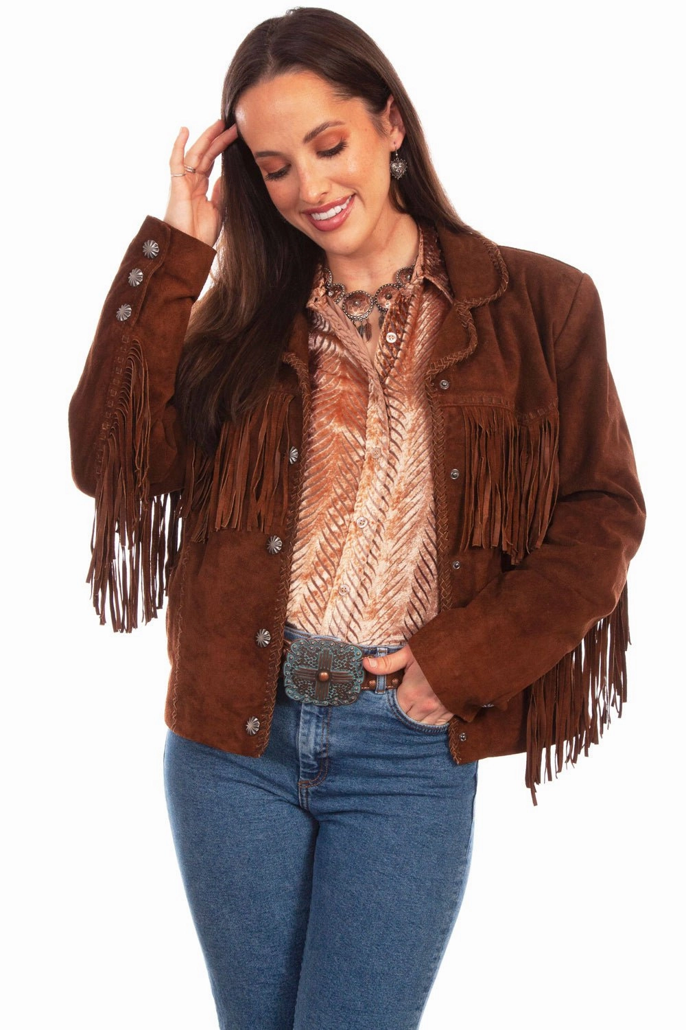 Scully Womens Cowgirl Fringe Cafe Brown Leather Leather Jacket Faux Fur Collar Hooded Versatile Design