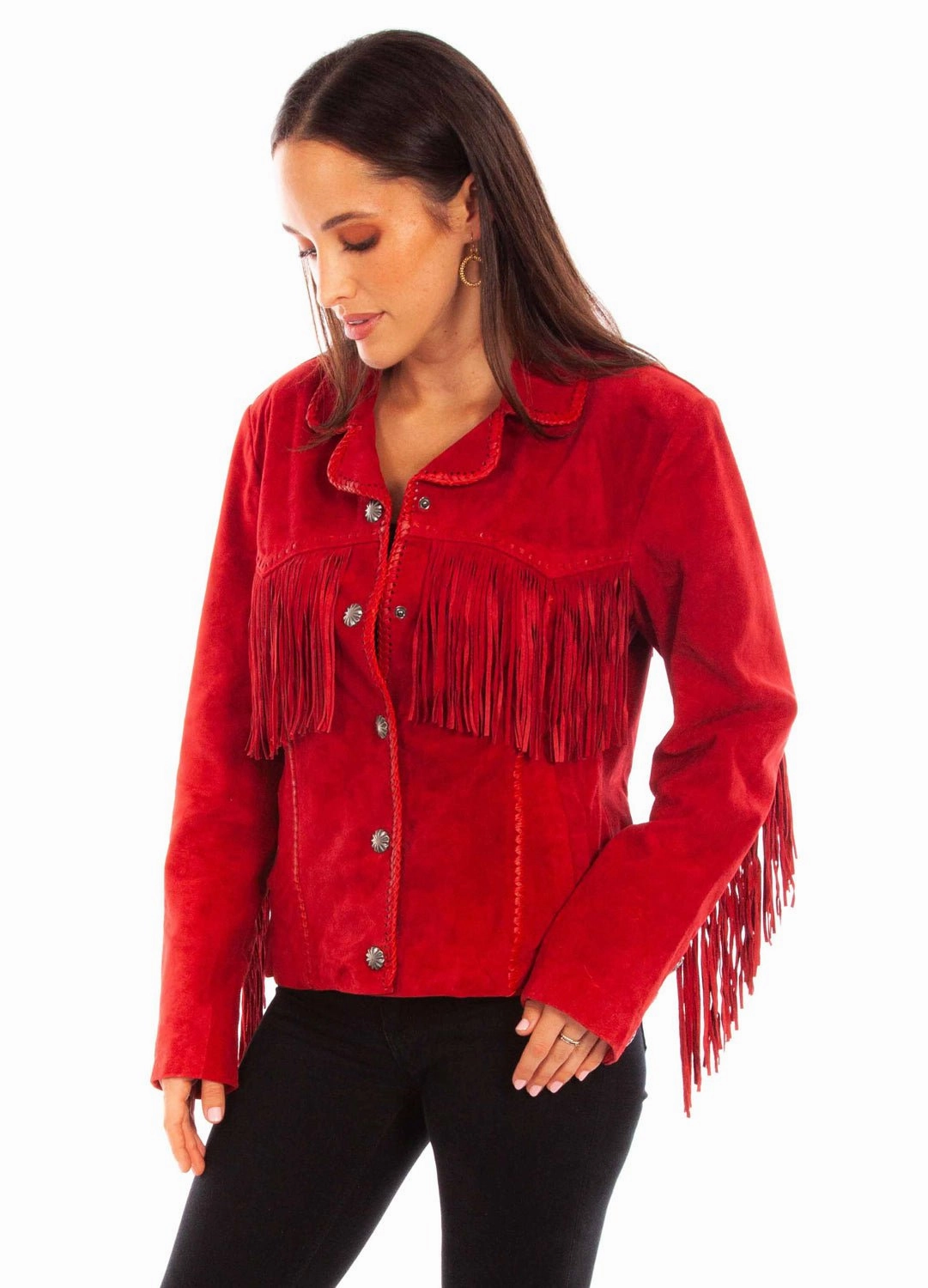 Weekend Ready Scully Womens Cowgirl Fringe Red Leather Leather Jacket