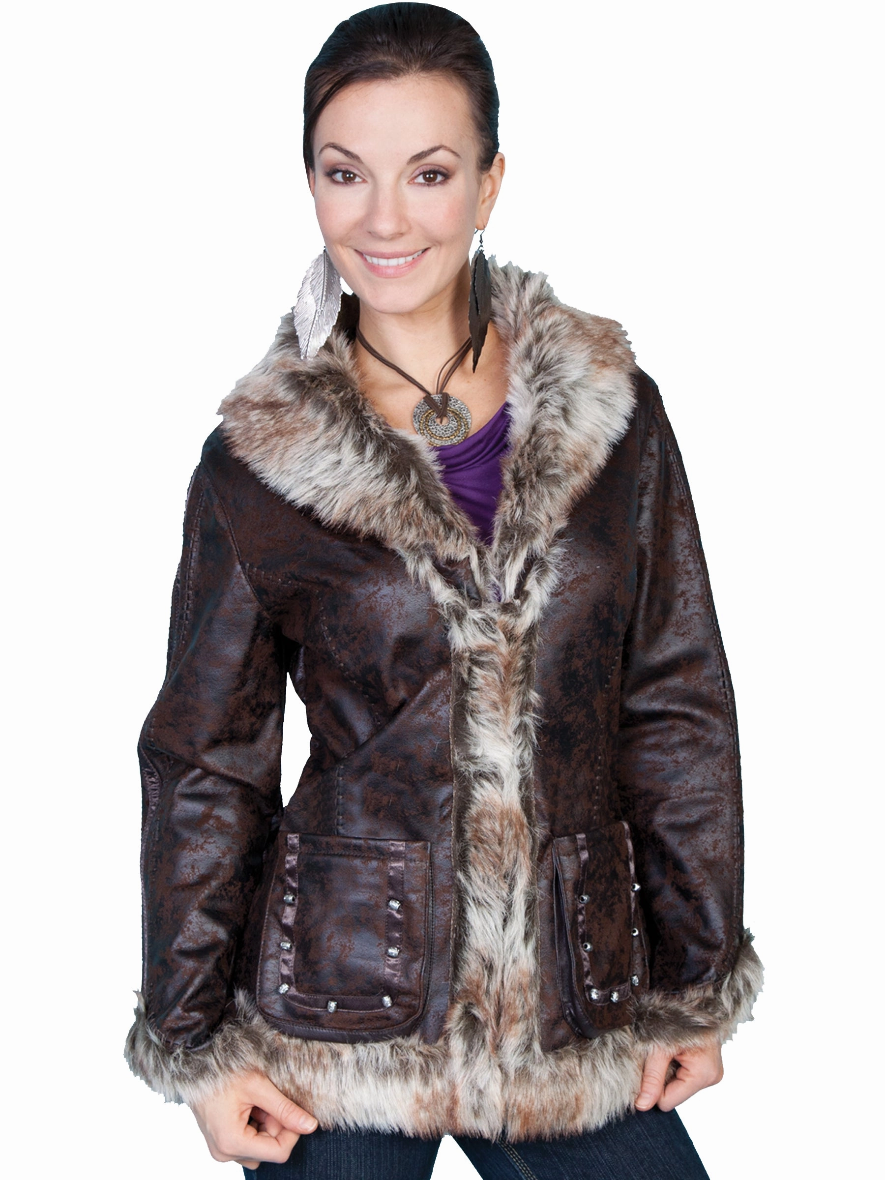Anti Pill Fabric Tech Soft Weather Wear Scully Womens Dark Brown Faux Shearling Mottled Jacket