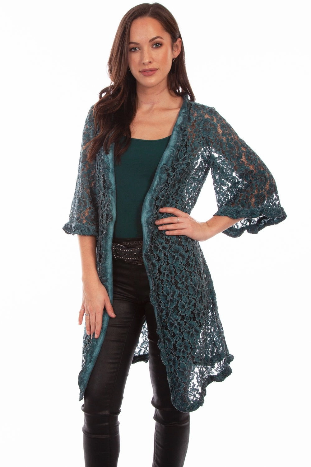 Soft Knit Style Scully Womens Dark Cyan Cotton Blend Floral Lace Cardigan