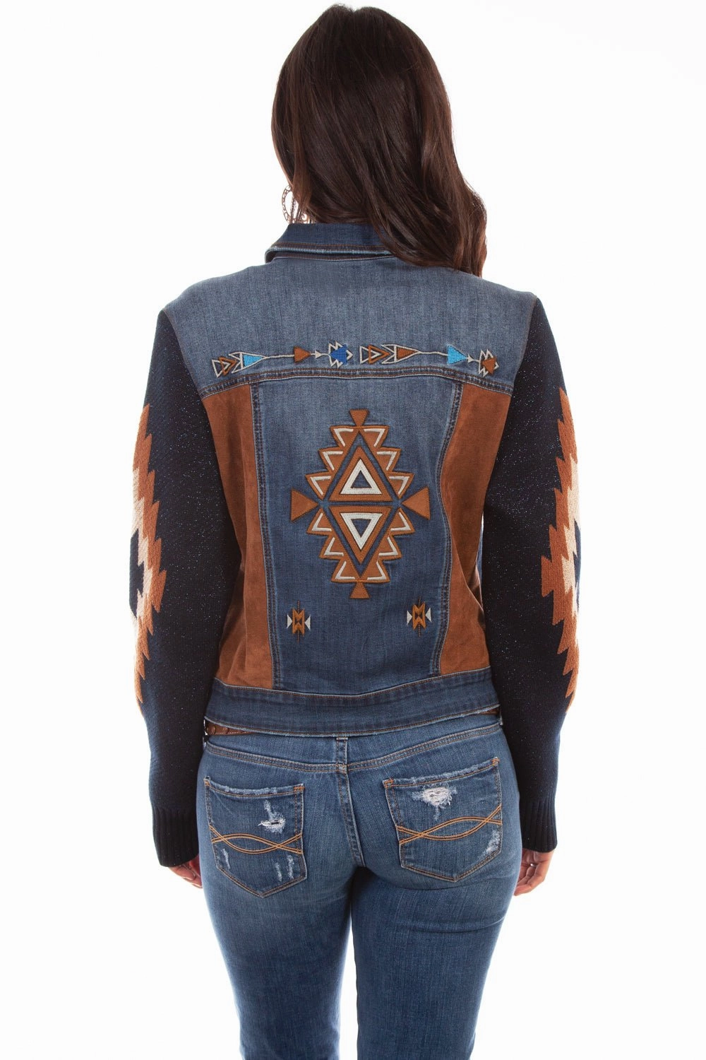 Scully Womens Denim Cotton Blend Aztec Embroidered Jacket Casual City Adjustable Hem Lock System