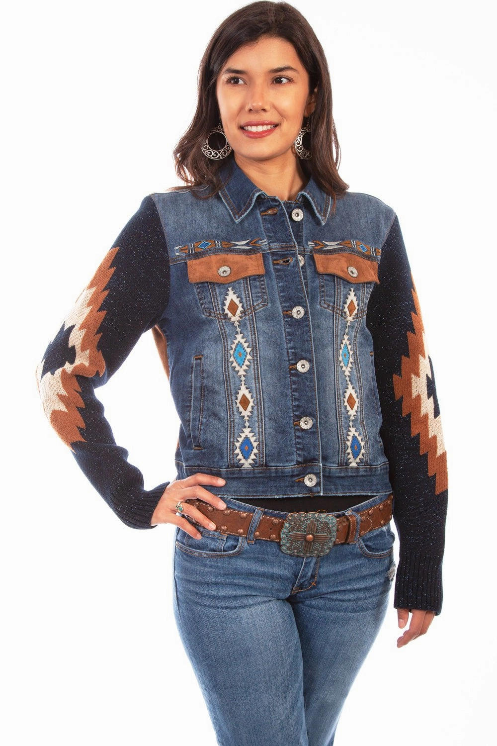 Scully Womens Denim Cotton Blend Aztec Embroidered Jacket Sleek Comfort