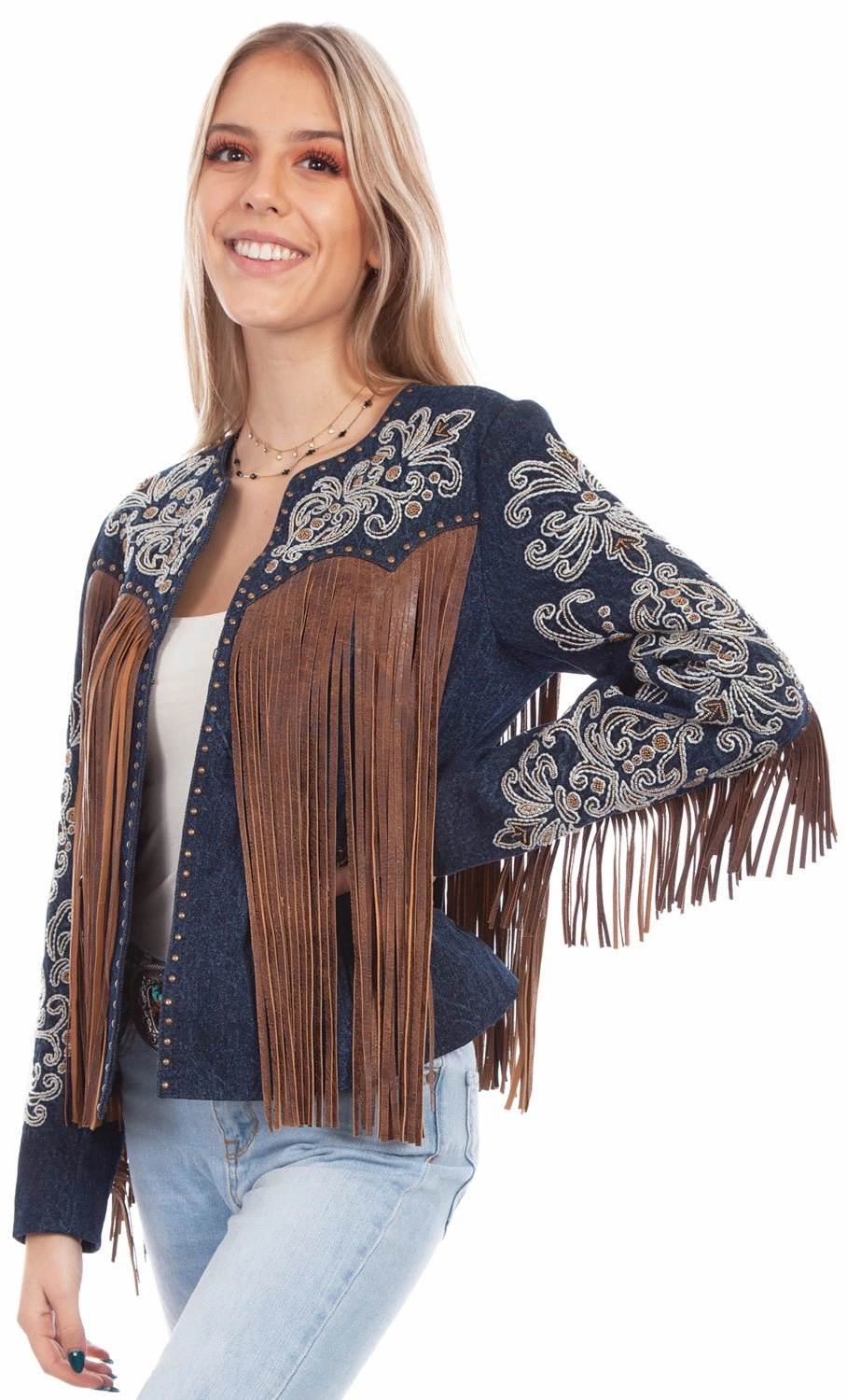 Scully Womens Denim Leather Beaded Fringe Jacket Layered Insulation Collapsible Packable Design