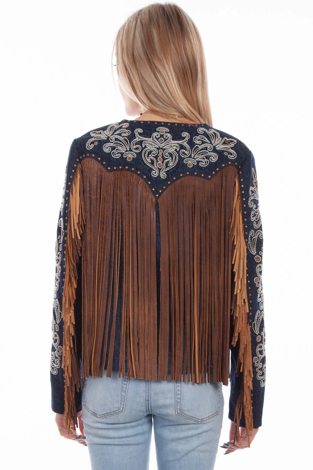 Very Cold Scully Womens Denim Leather Beaded Fringe Jacket