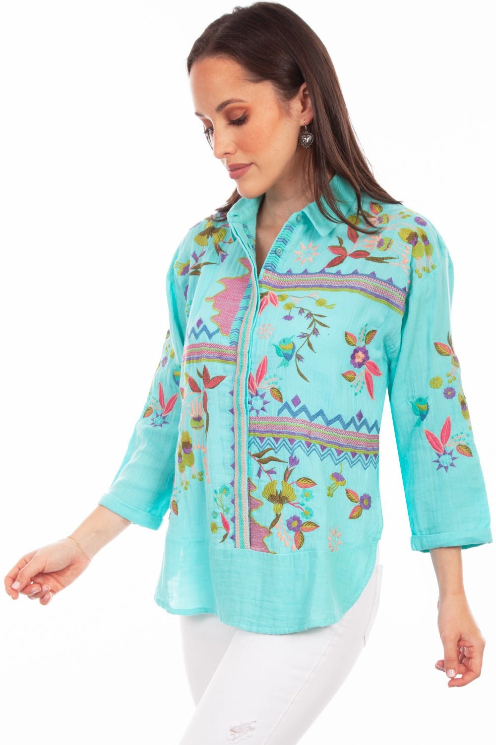 Scully Womens Double Gauze Turquoise 100% Cotton S/S Blouse Plus Size Fit