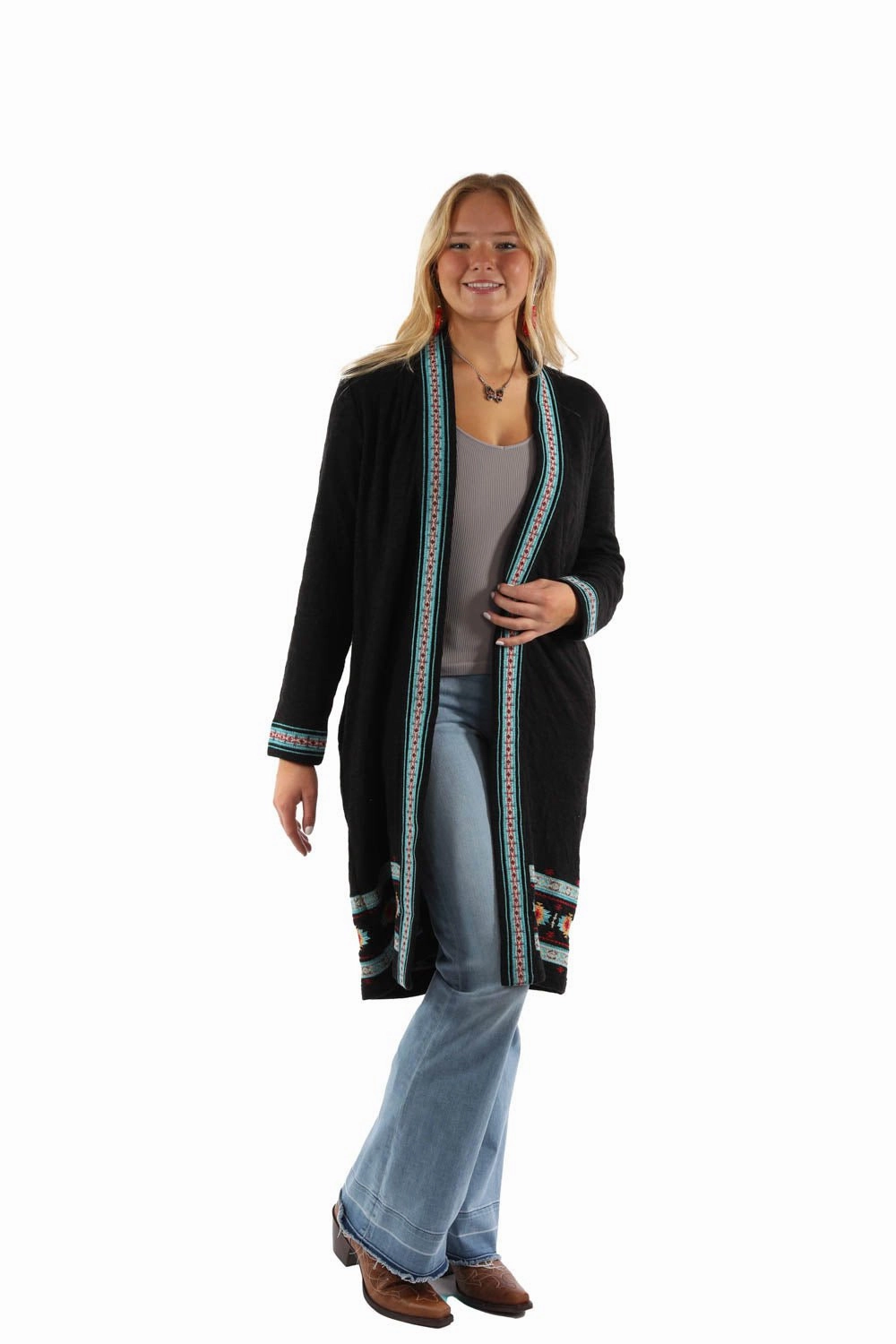 Adventure Day Look Comfortable Feel Scully Womens Double Knit Embroidered Black 100% Cotton Cardigan Sweater