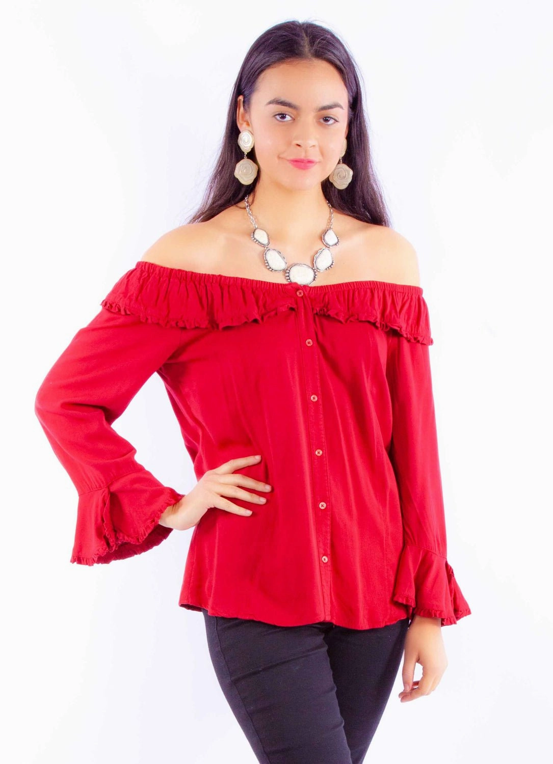 Slim Silhouette Hidden Placket Scully Womens Drapey Silhouette Red 100% Rayon L/S Blouse
