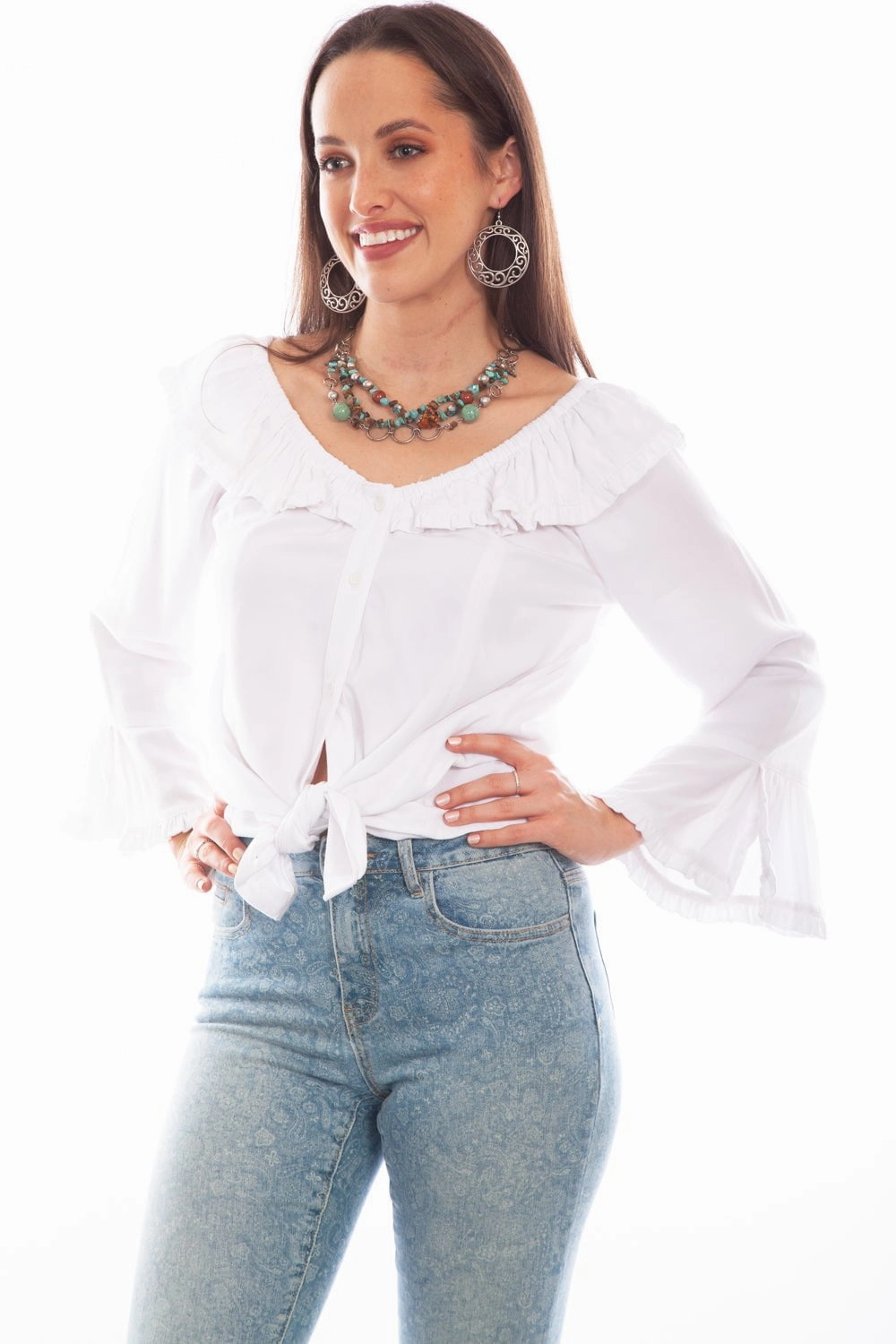 Elegant Finish High-End Fashion Scully Womens Drapey Silhouette White 100% Rayon L/S Tunic