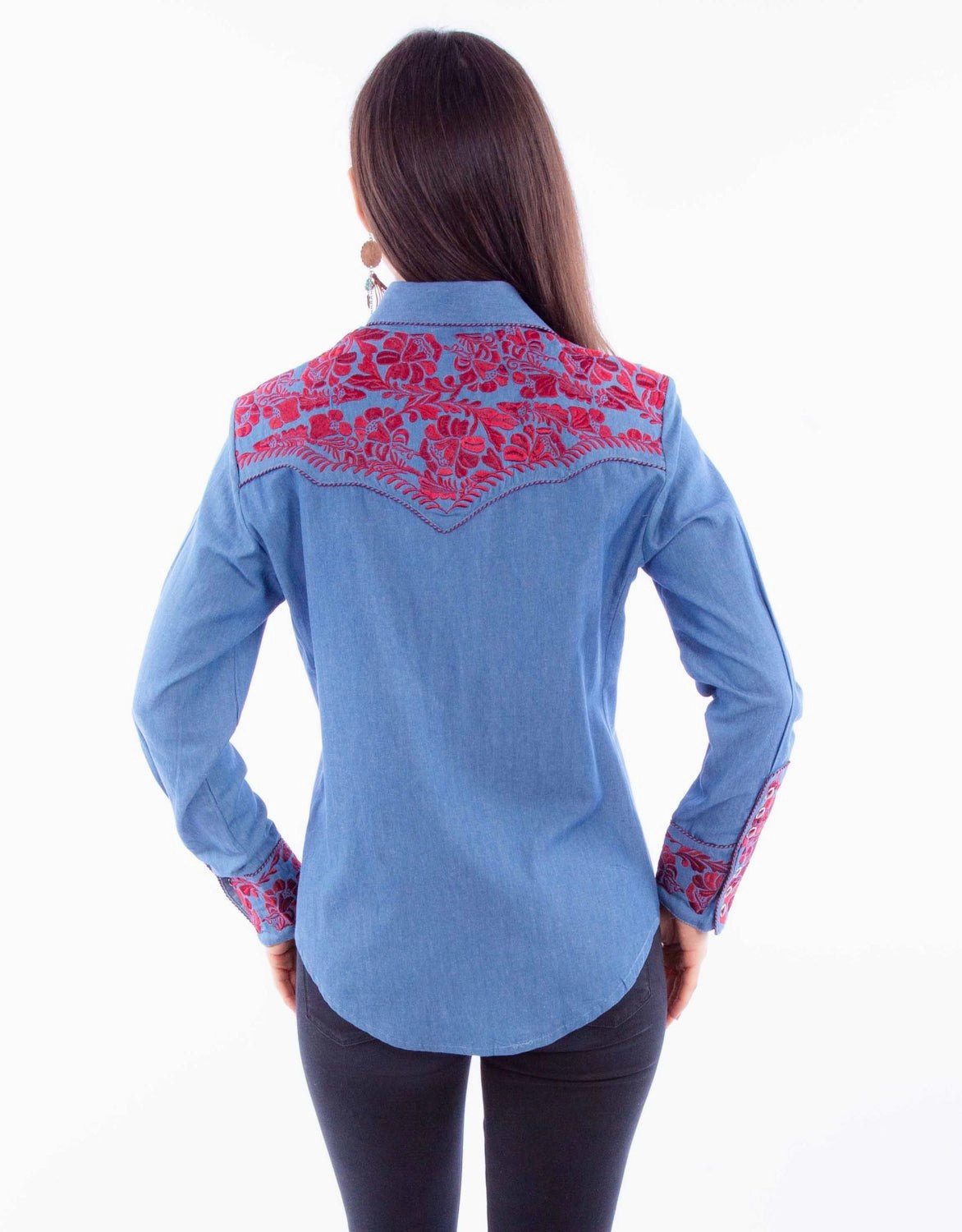 Scully Womens Embroidered Floral Blue/Cranberry Poly/Rayon L/S Shirt Cultural Inspired elegant design